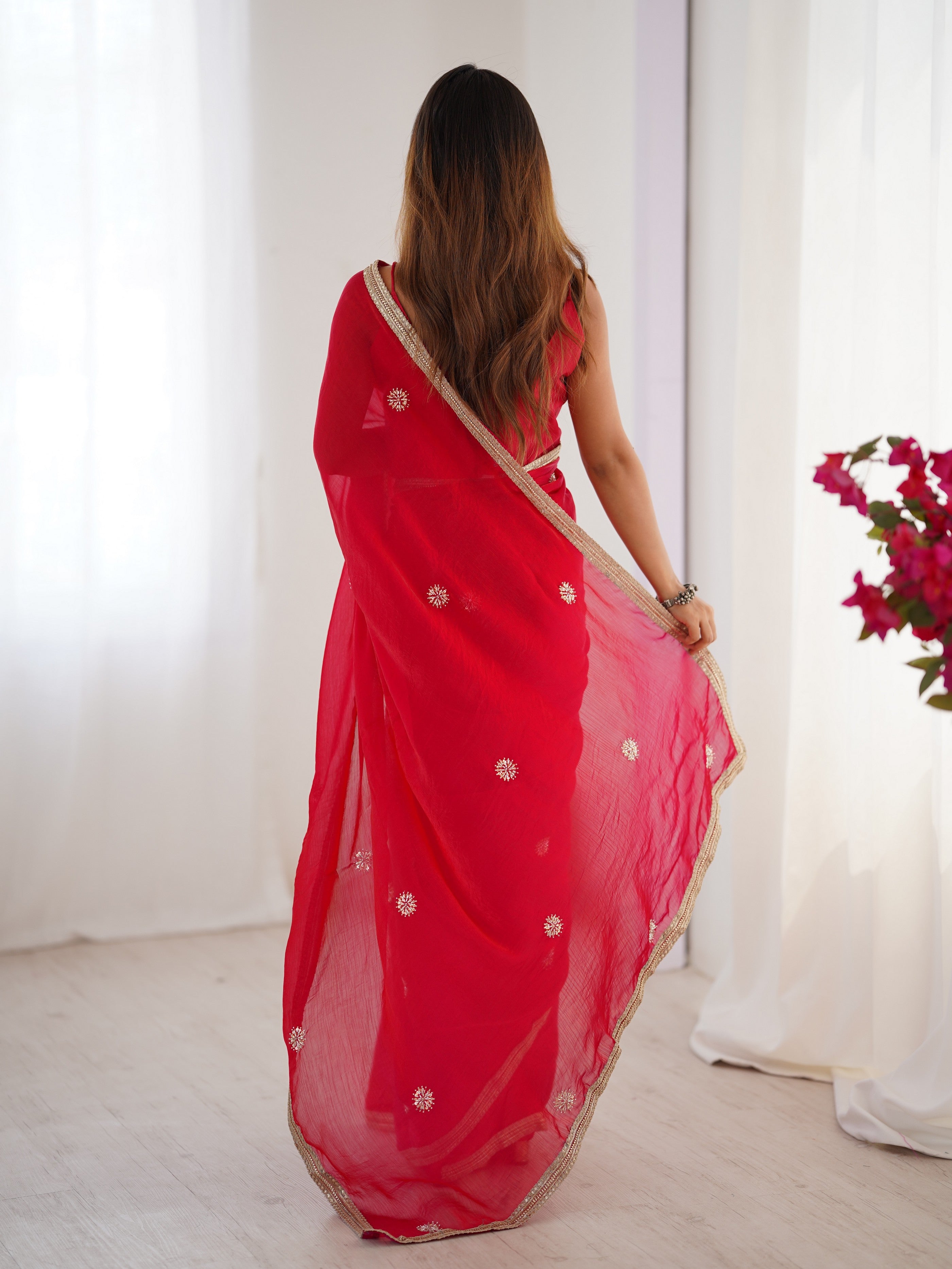 Red Fancy Stylish Partywear Saree For Girlie Ethnic Looks