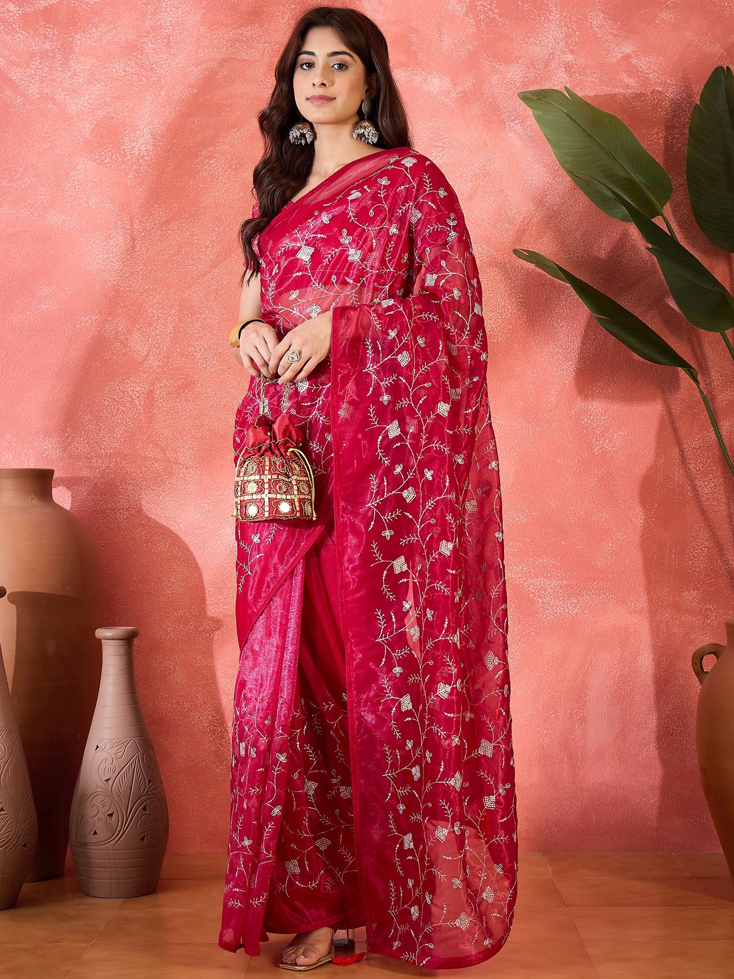 Red Fancy Twill Net Sequins Embroidery Work Ceremonial Saree