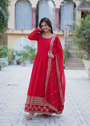 Red Faux Blooming Suit With Multi-Sequins Embroidered work
