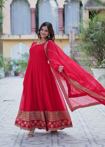 Red Faux Blooming Suit With Multi-Sequins Embroidered work