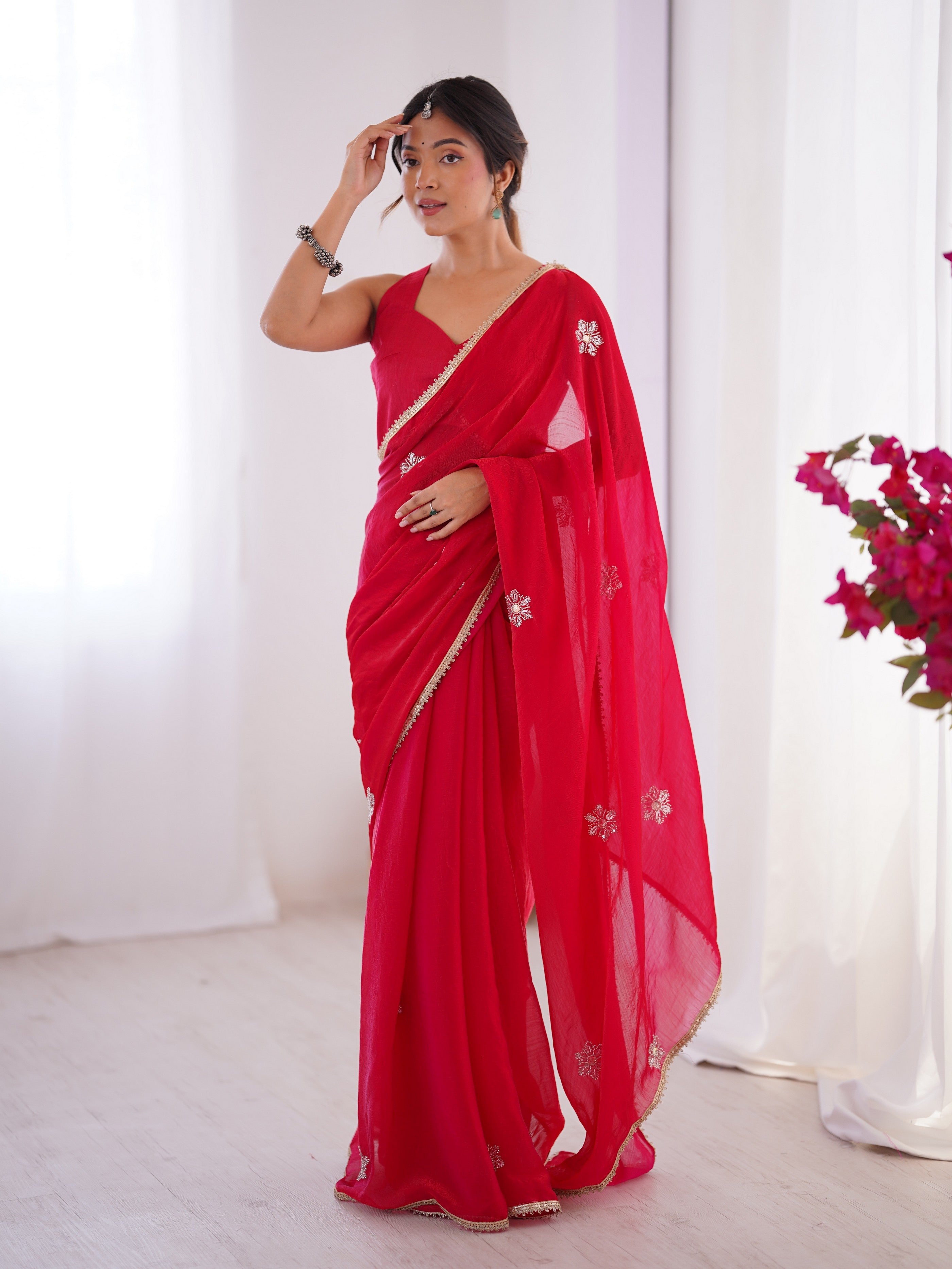 Red Fendy Designer Beads Moti And Val Sequance Work Partywear Saree