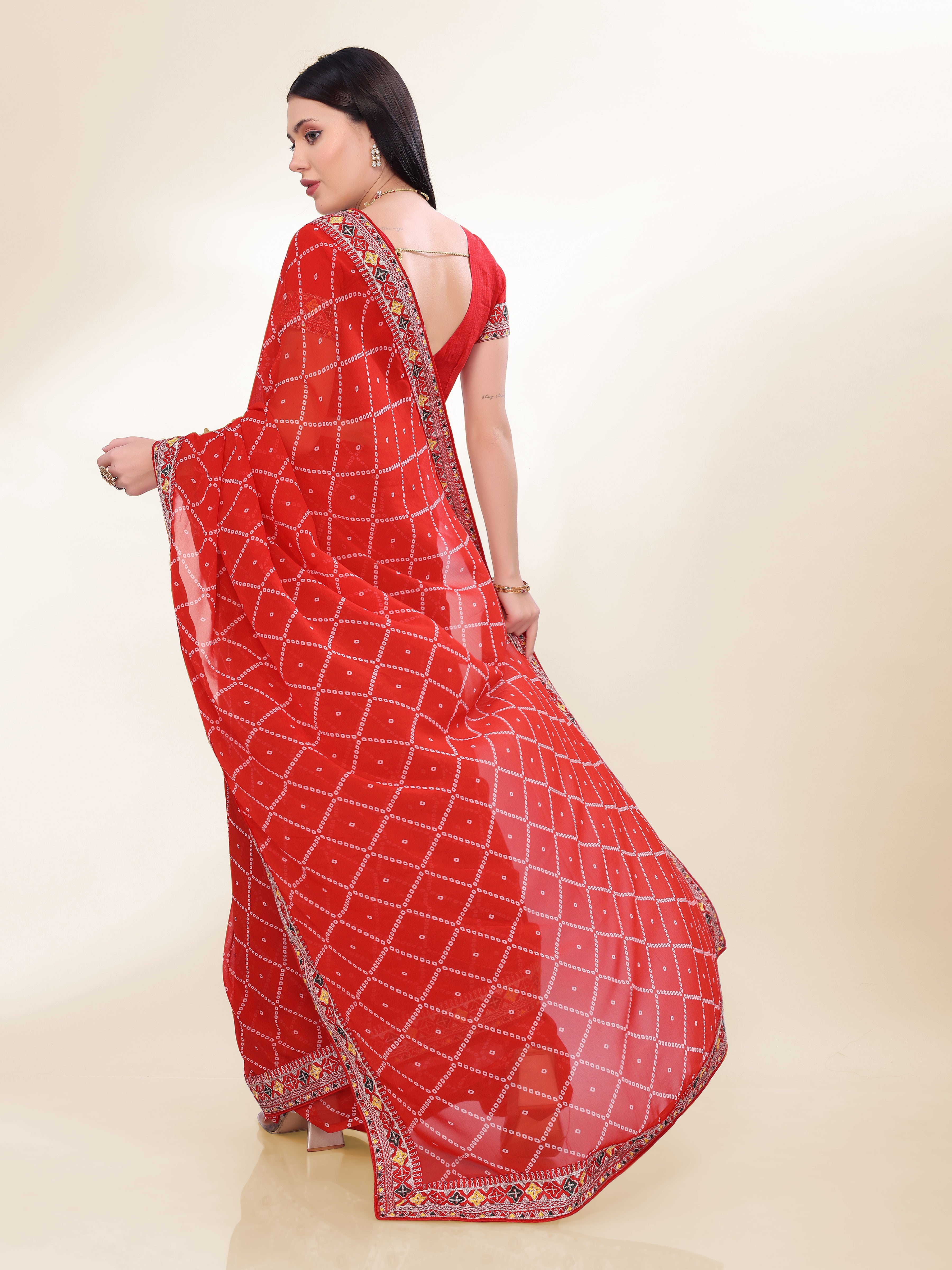 Red Georgette Bandhej Printed Saree With Graceful Embroidery Work