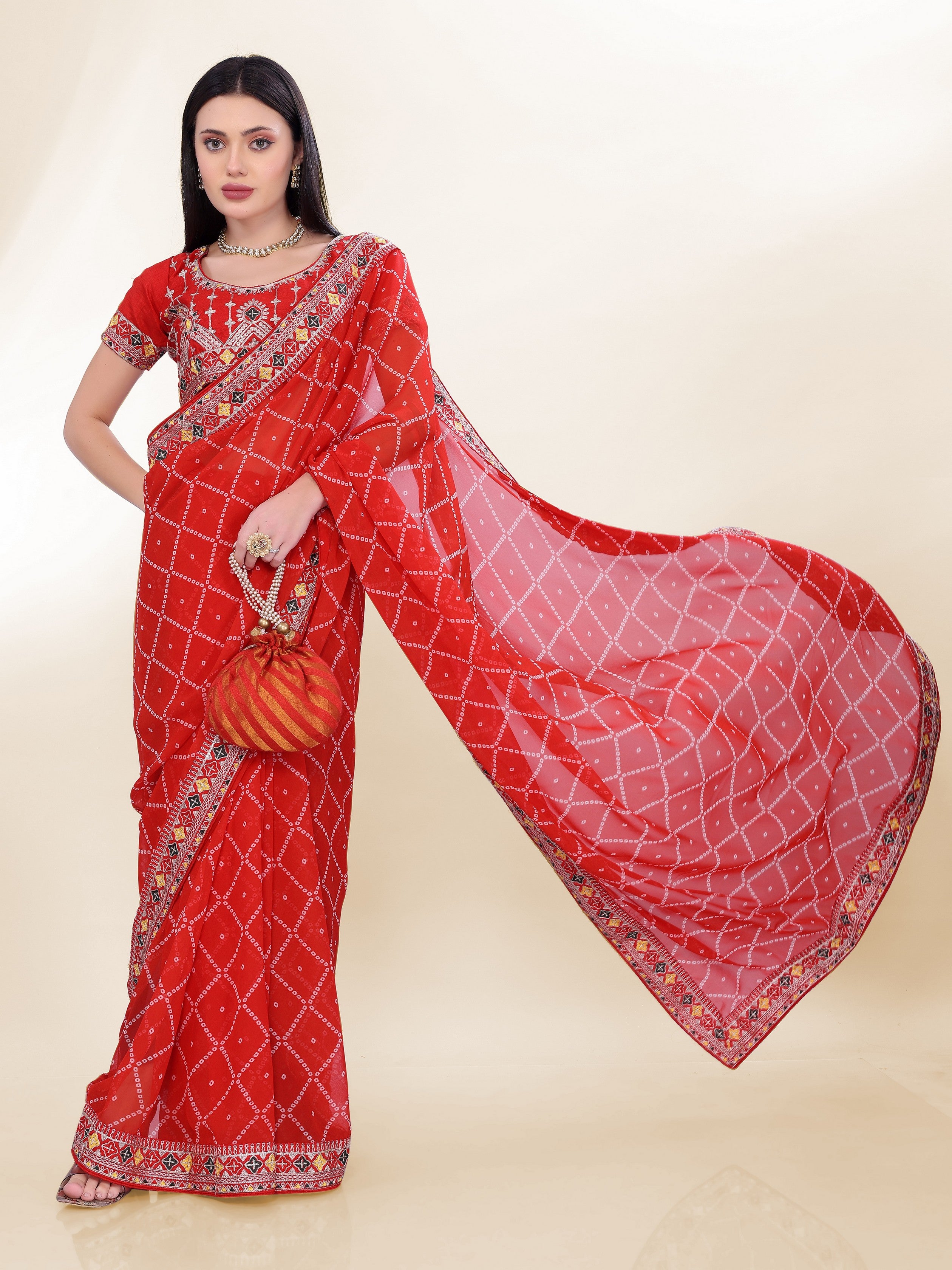 Red Georgette Bandhej Printed Saree With Graceful Embroidery Work