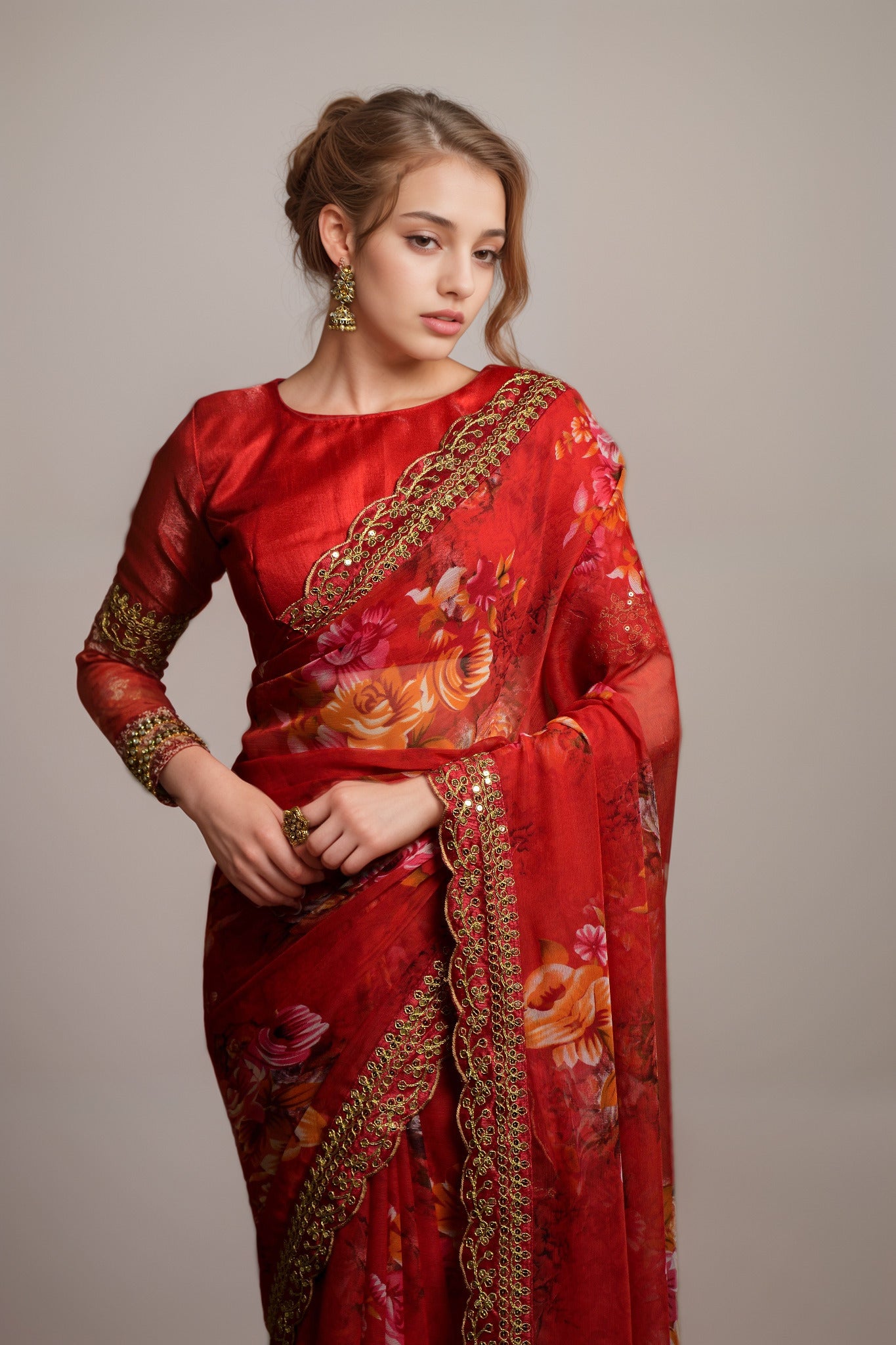 Red Georgette Floral Printed With Embroidered Border Saree