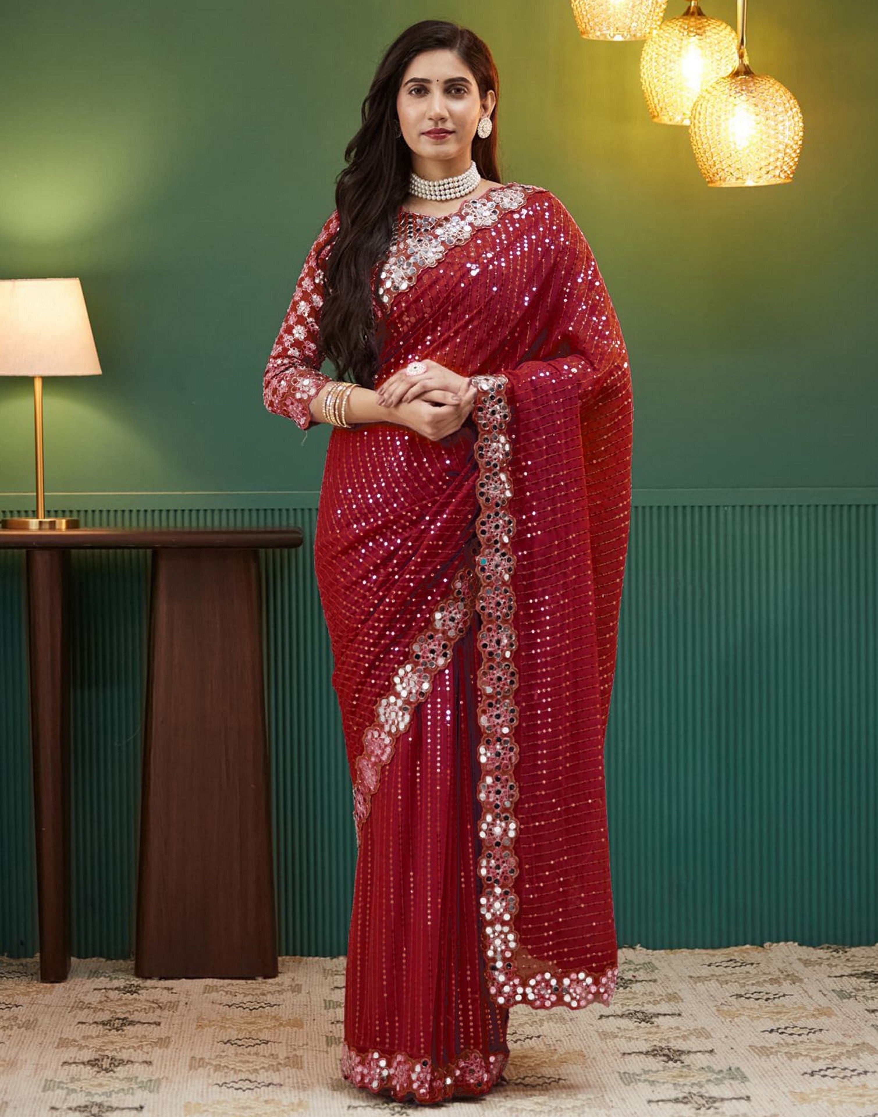 Red Georgette Glamorous Ethnic Wedding Wear Saree