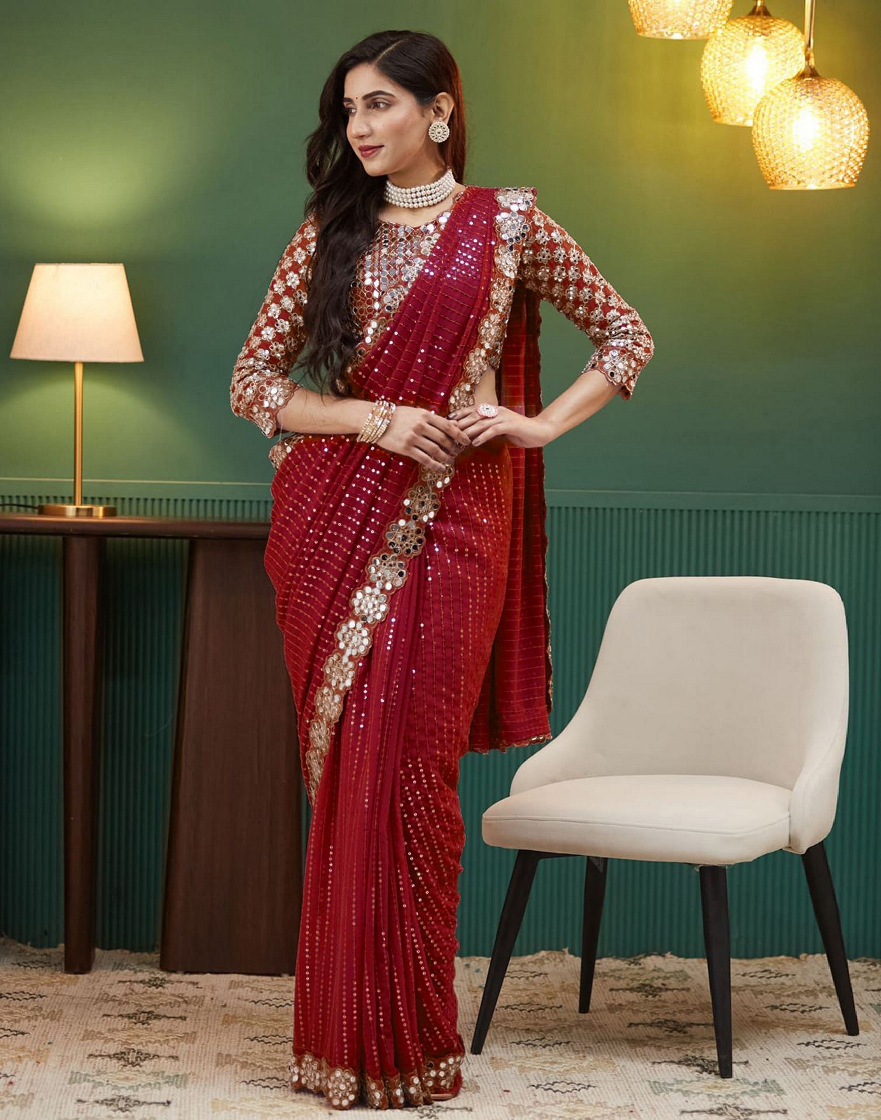 Red Georgette Glamorous Ethnic Wedding Wear Saree