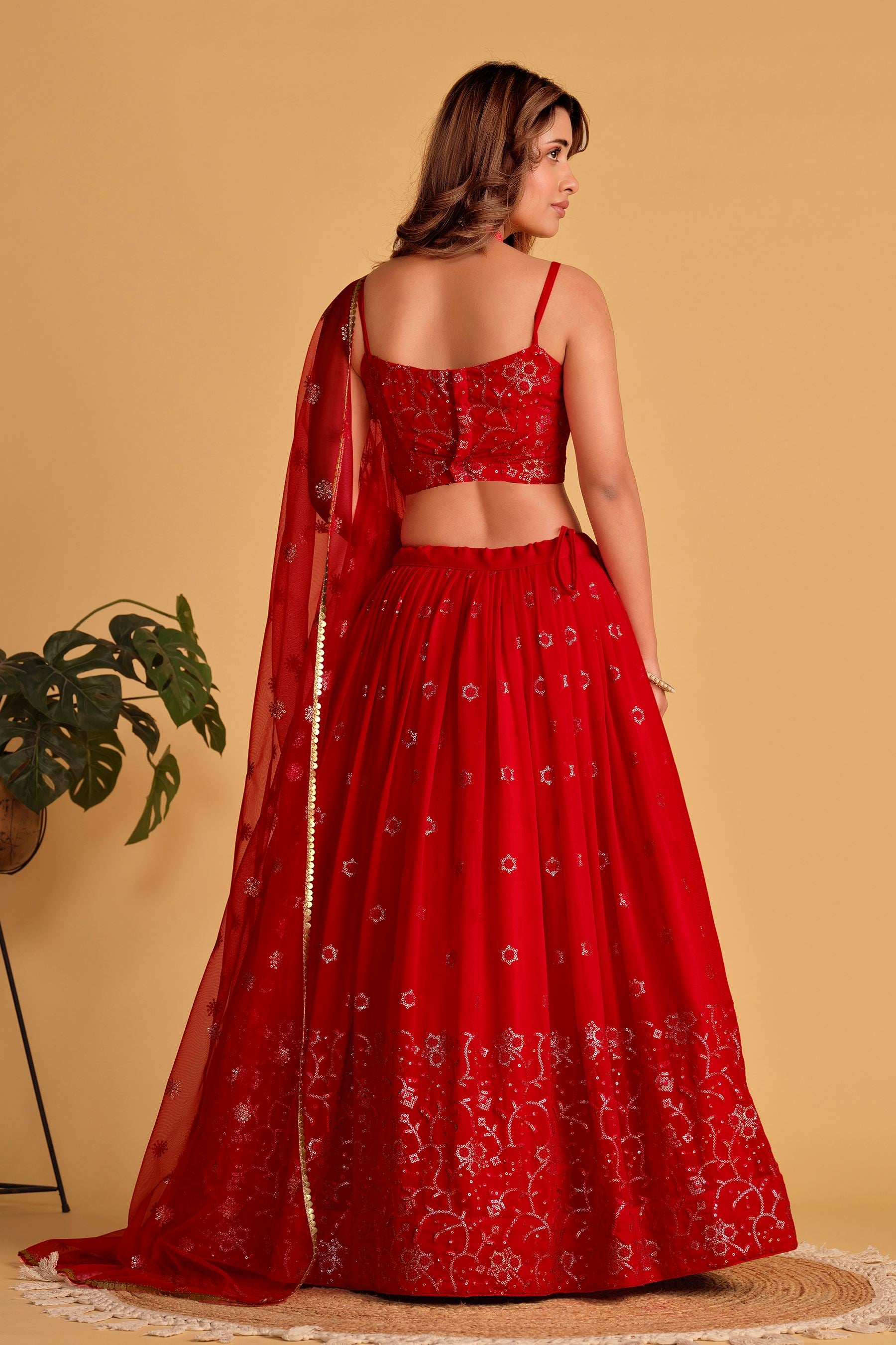 Red Georgette Lehenga Choli With Sequins Thread Embroidered Work
