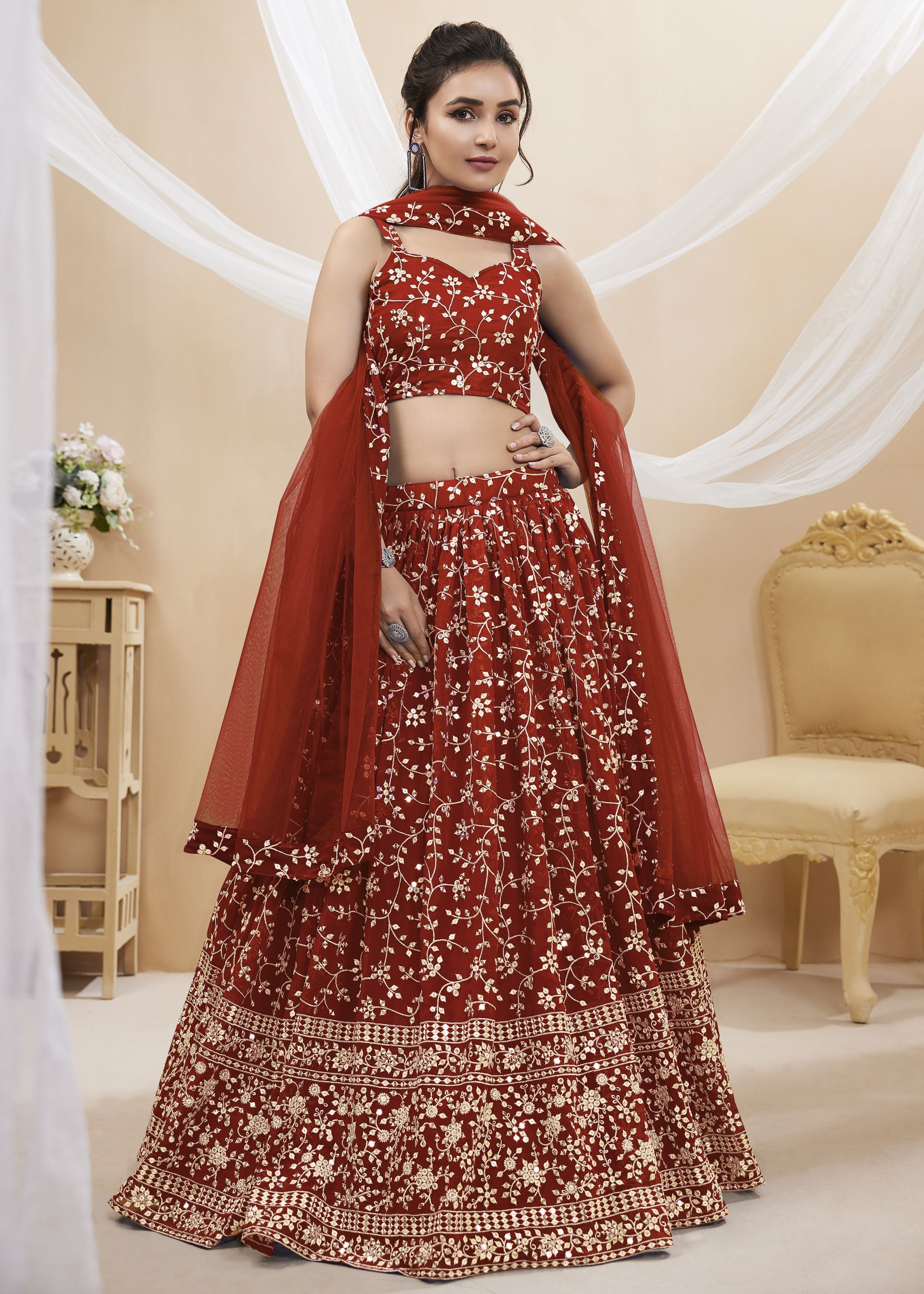 Red Georgette Lehenga Choli With Sequins Zari Embroidered Work