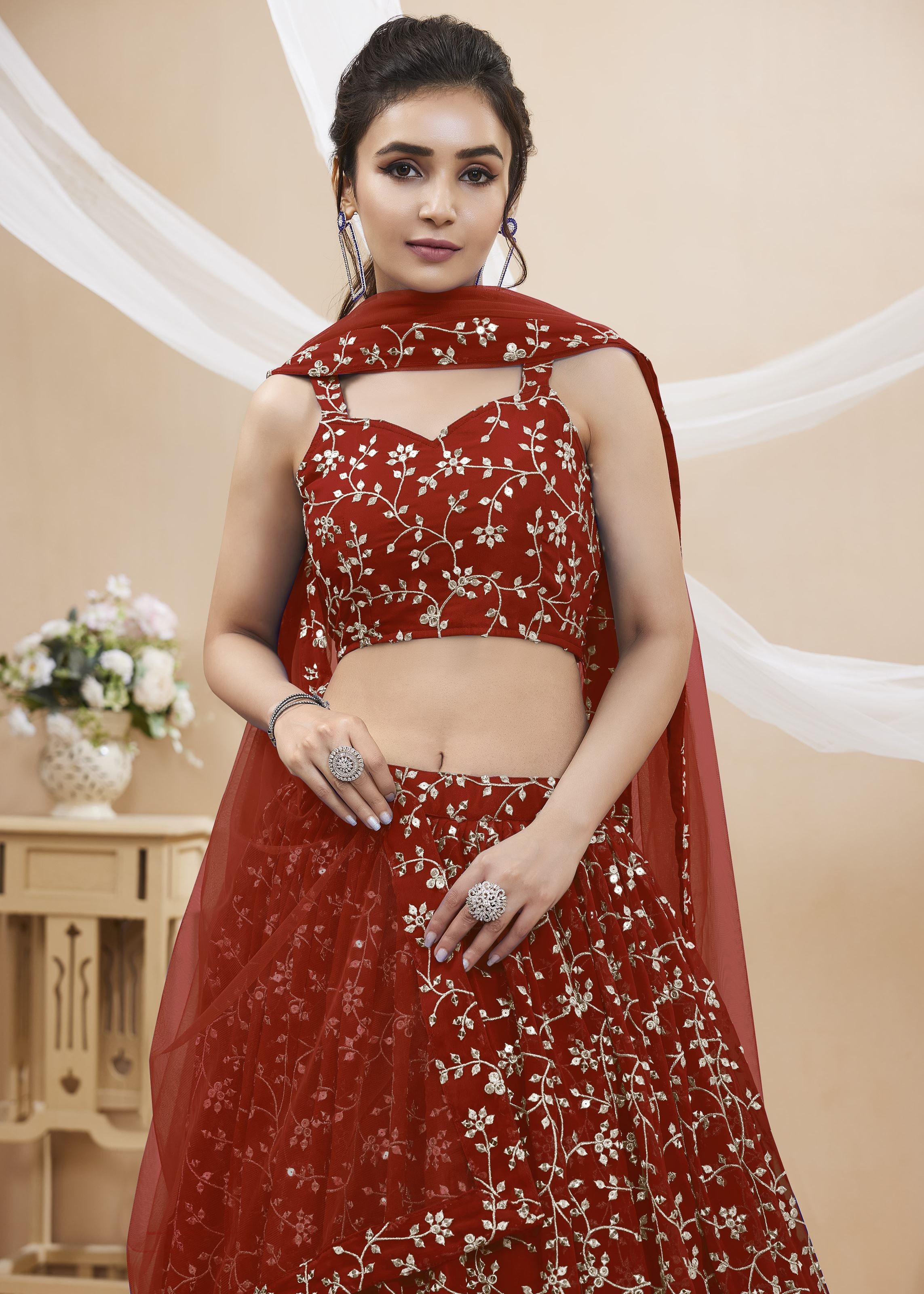 Red Georgette Lehenga Choli With Sequins Zari Embroidered Work