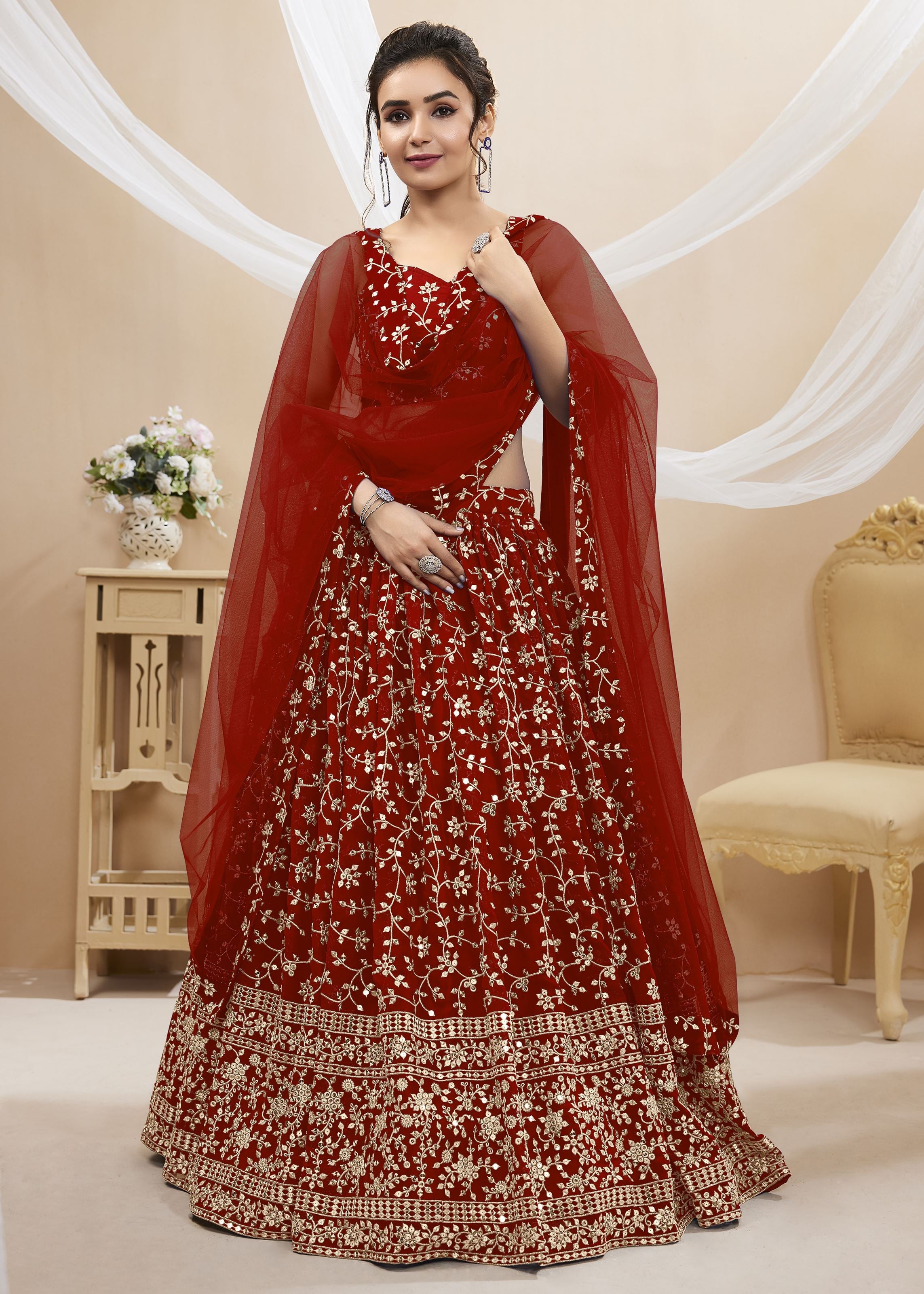 Red Georgette Lehenga Choli With Sequins Zari Embroidered Work