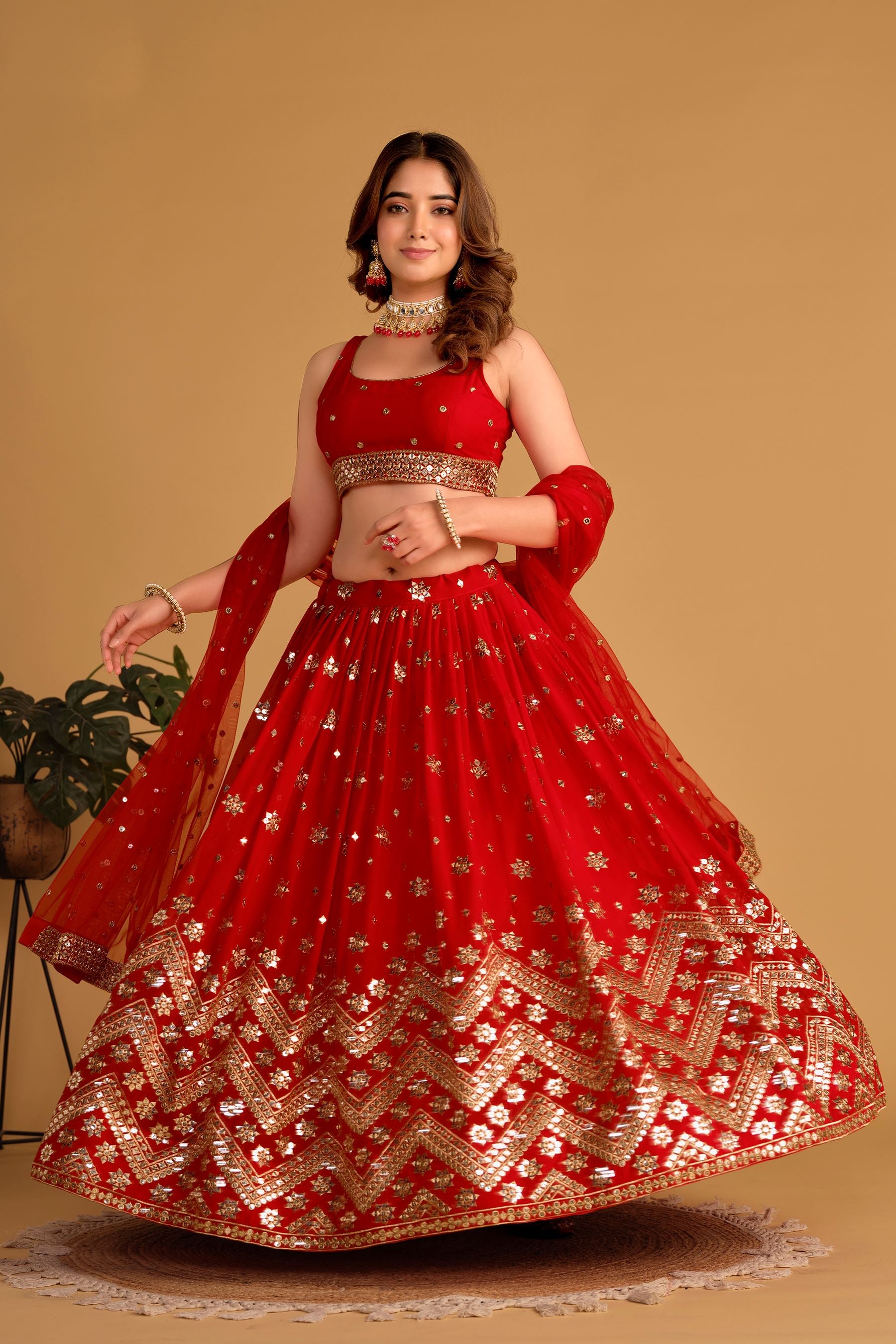 Red Georgette Lehenga Choli With Sequins Zari Embroidered Work