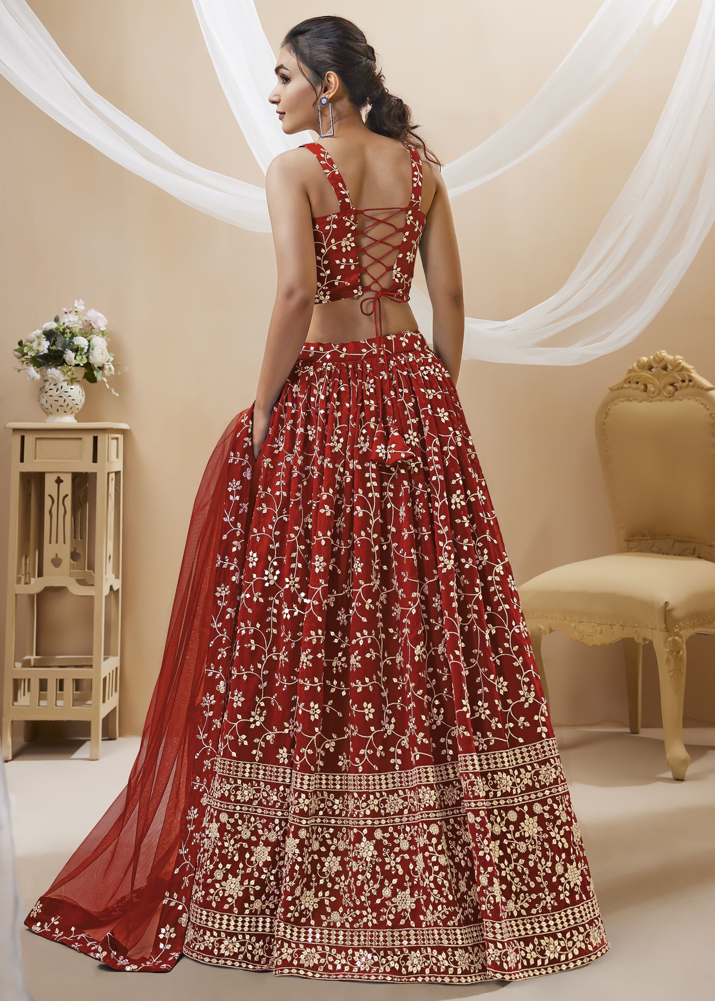 Red Georgette Lehenga Choli With Sequins Zari Embroidered Work