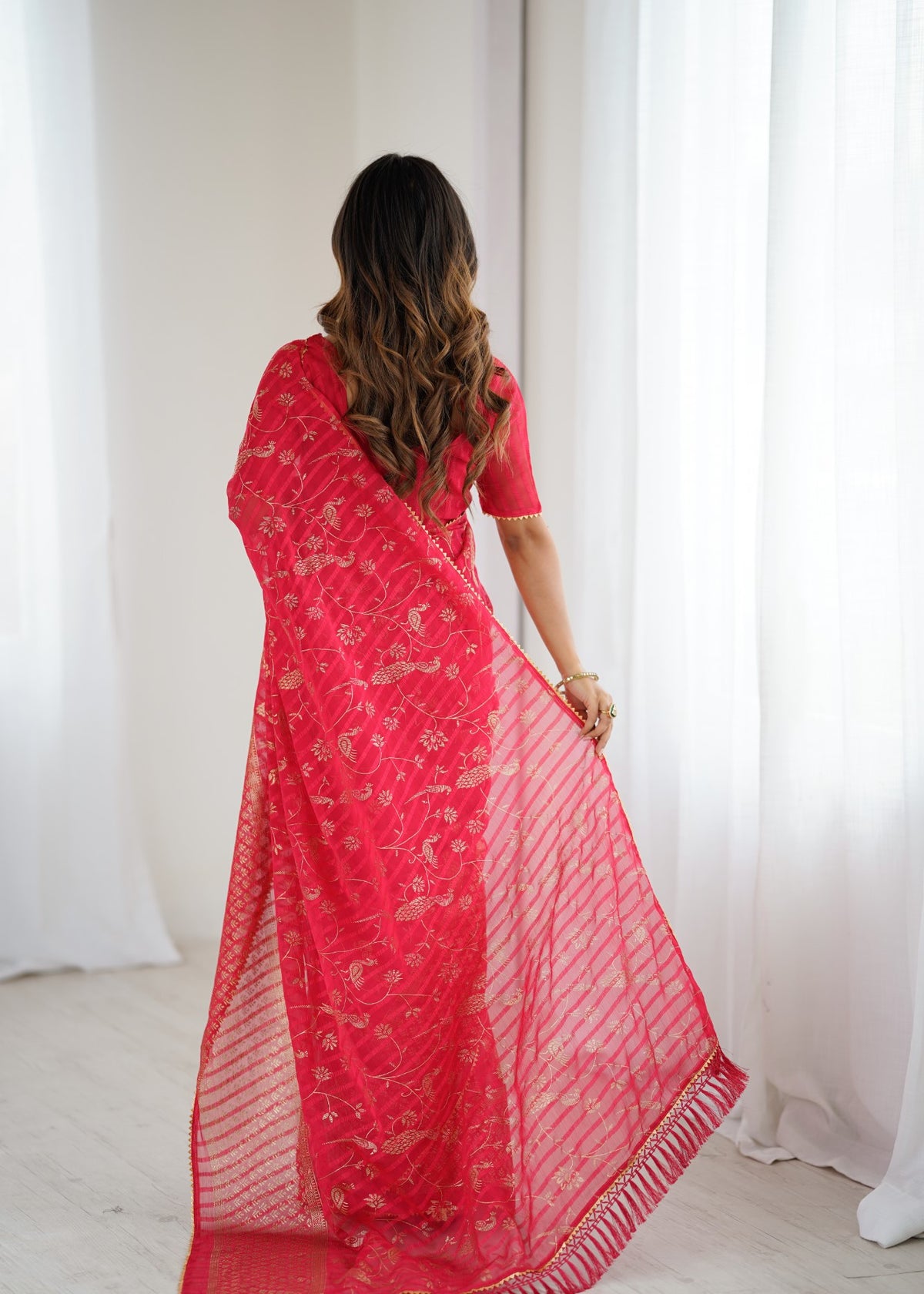 Red Georgette Patta Saree With Foil Work And Lace Border