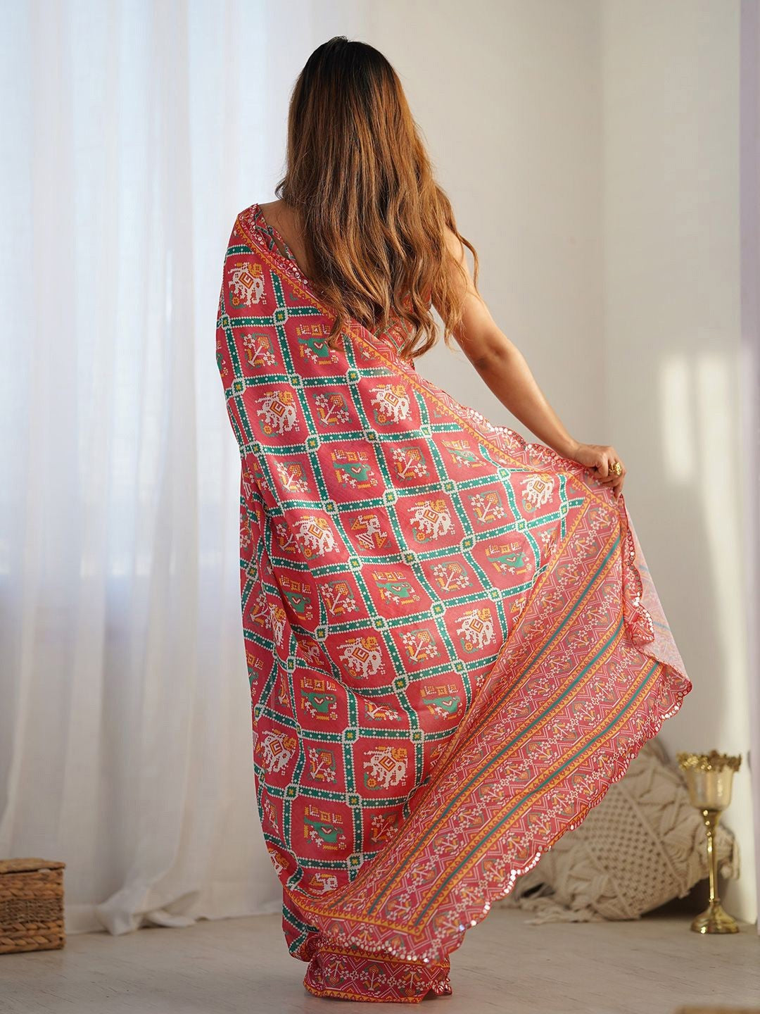 Red Georgette Saree With Digital Print And Mirror Work