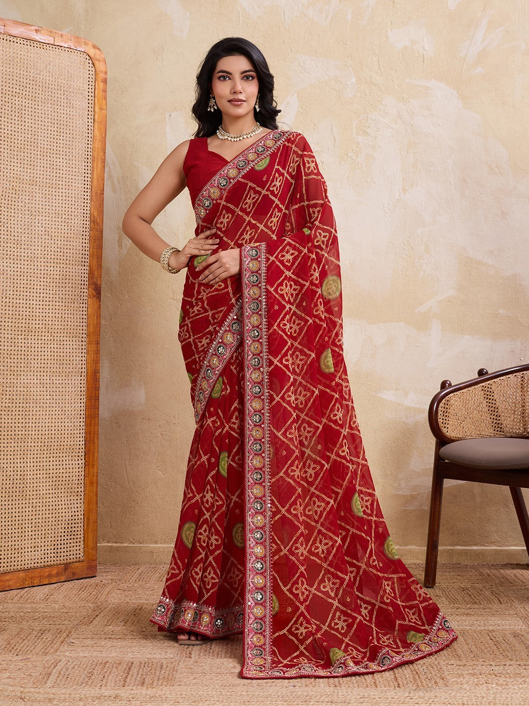 Red Georgette Saree With Embroidery Designer Classic Saree