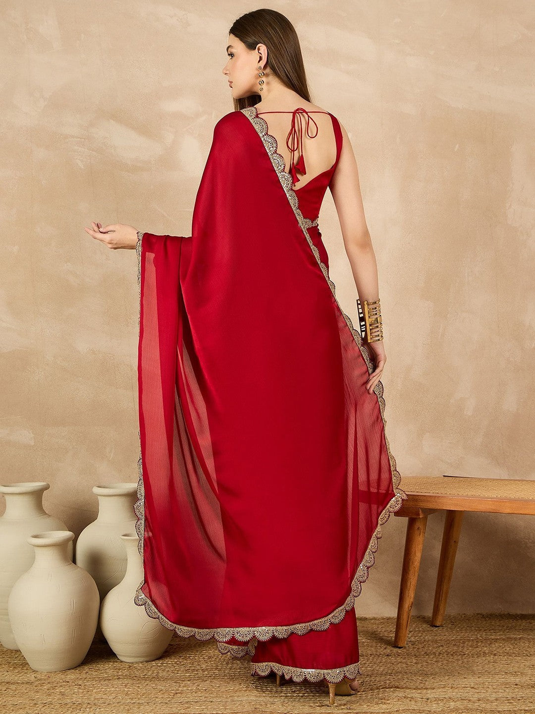 Red Georgette Saree With Plain Saree With Embroidery Cut Work Lace