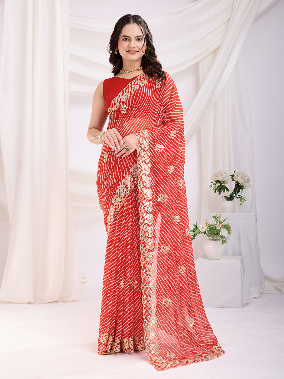 Red Georgette Sequins Designer Bollywood Saree