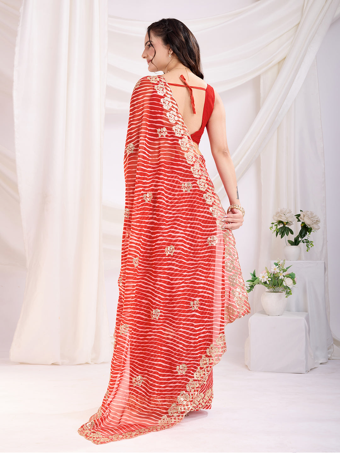 Red Georgette Sequins Designer Bollywood Saree