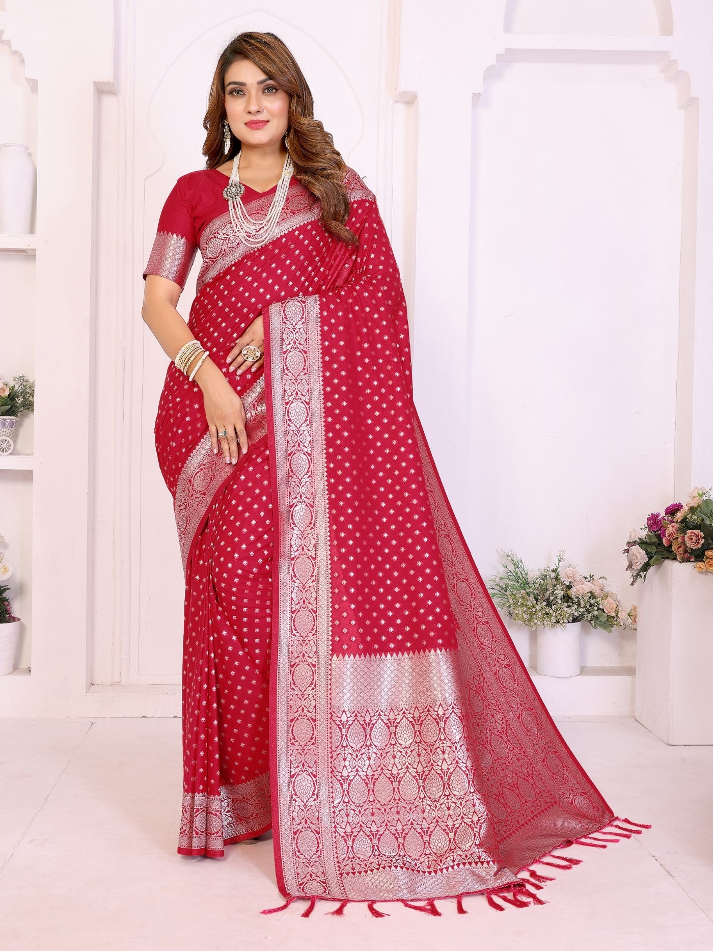Red Georgette Silk Saree With Classic Zari Weaving