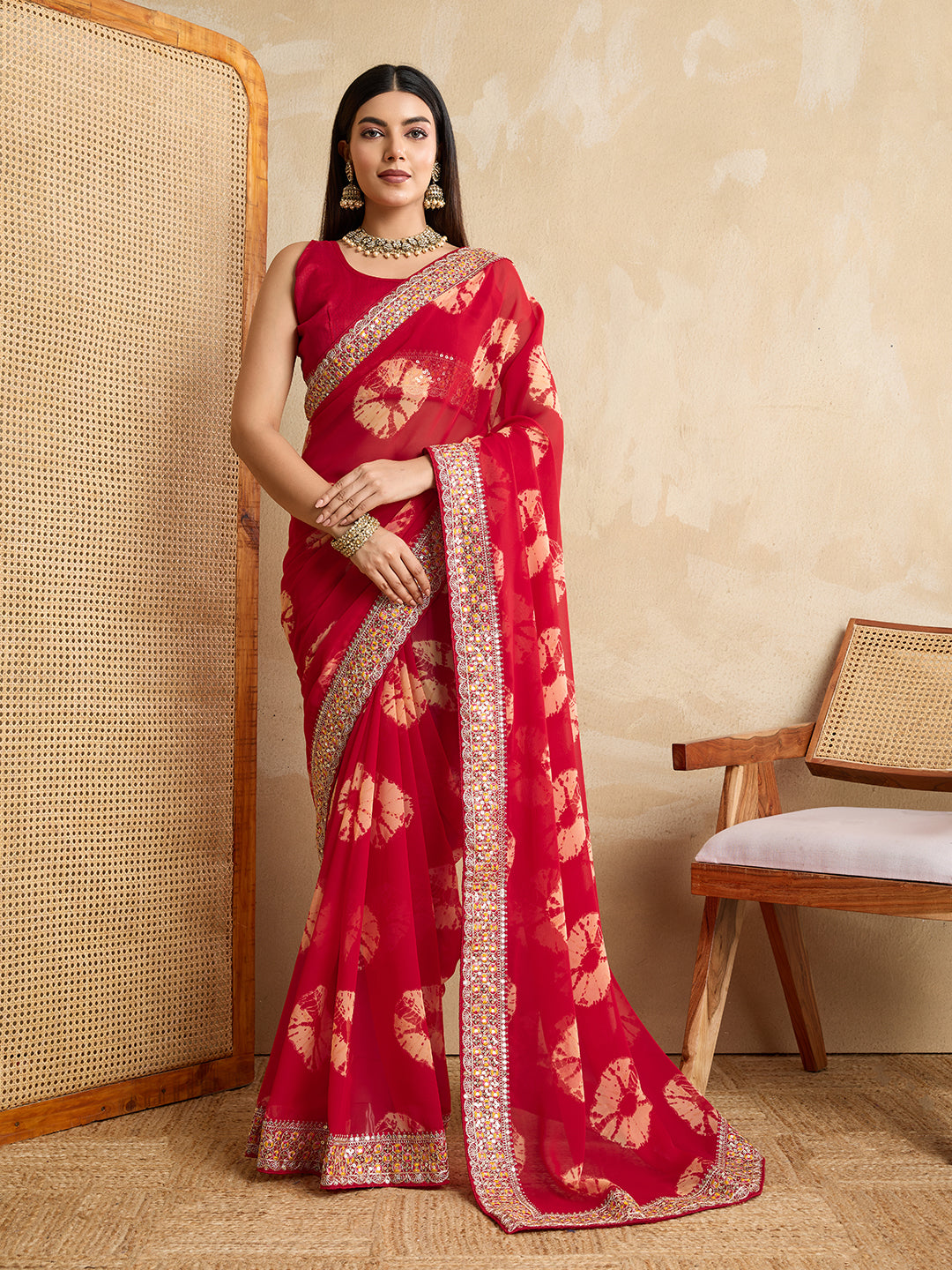 Red Georgette Smart And Beautiful Festive Wear Saree
