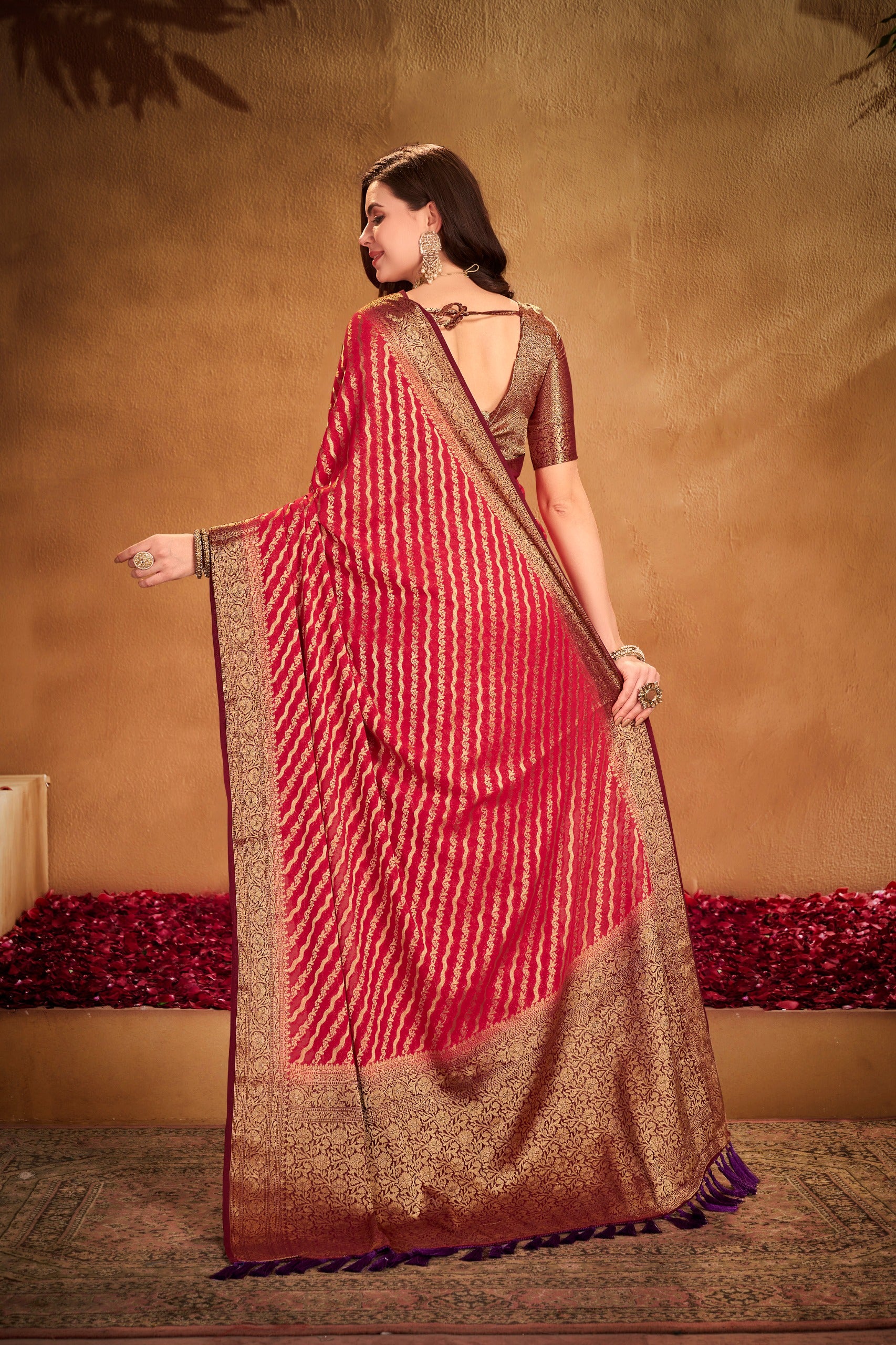 Red Georgette Woven Designer Saree