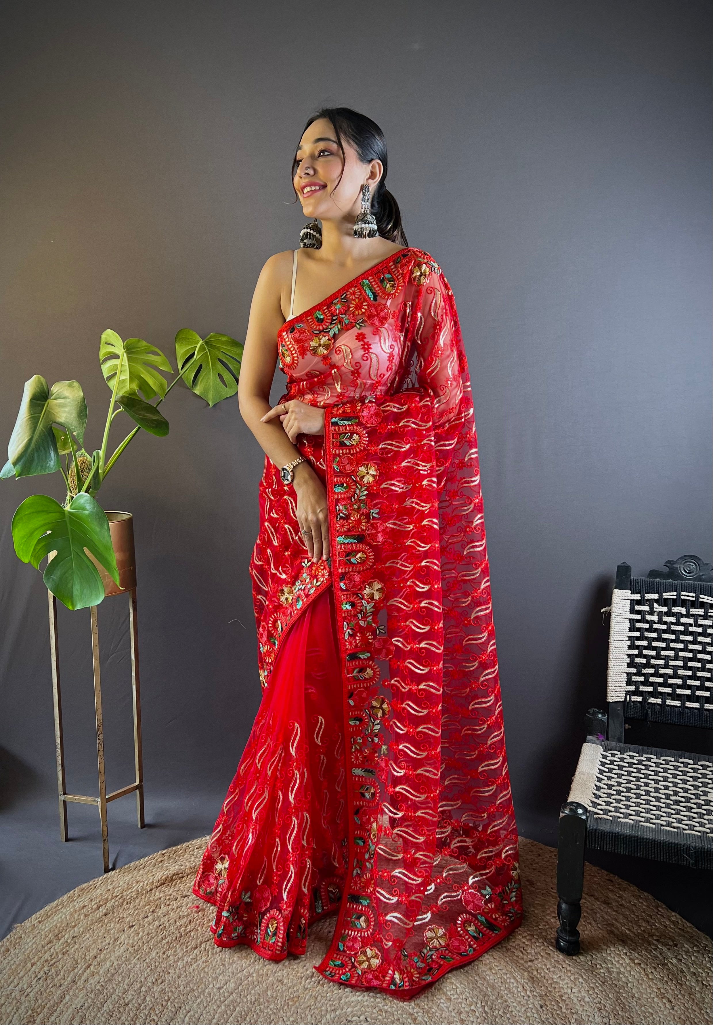 Red Girlie Butterfly Net Fabric Stylish Resham Embroidered Partywear Saree