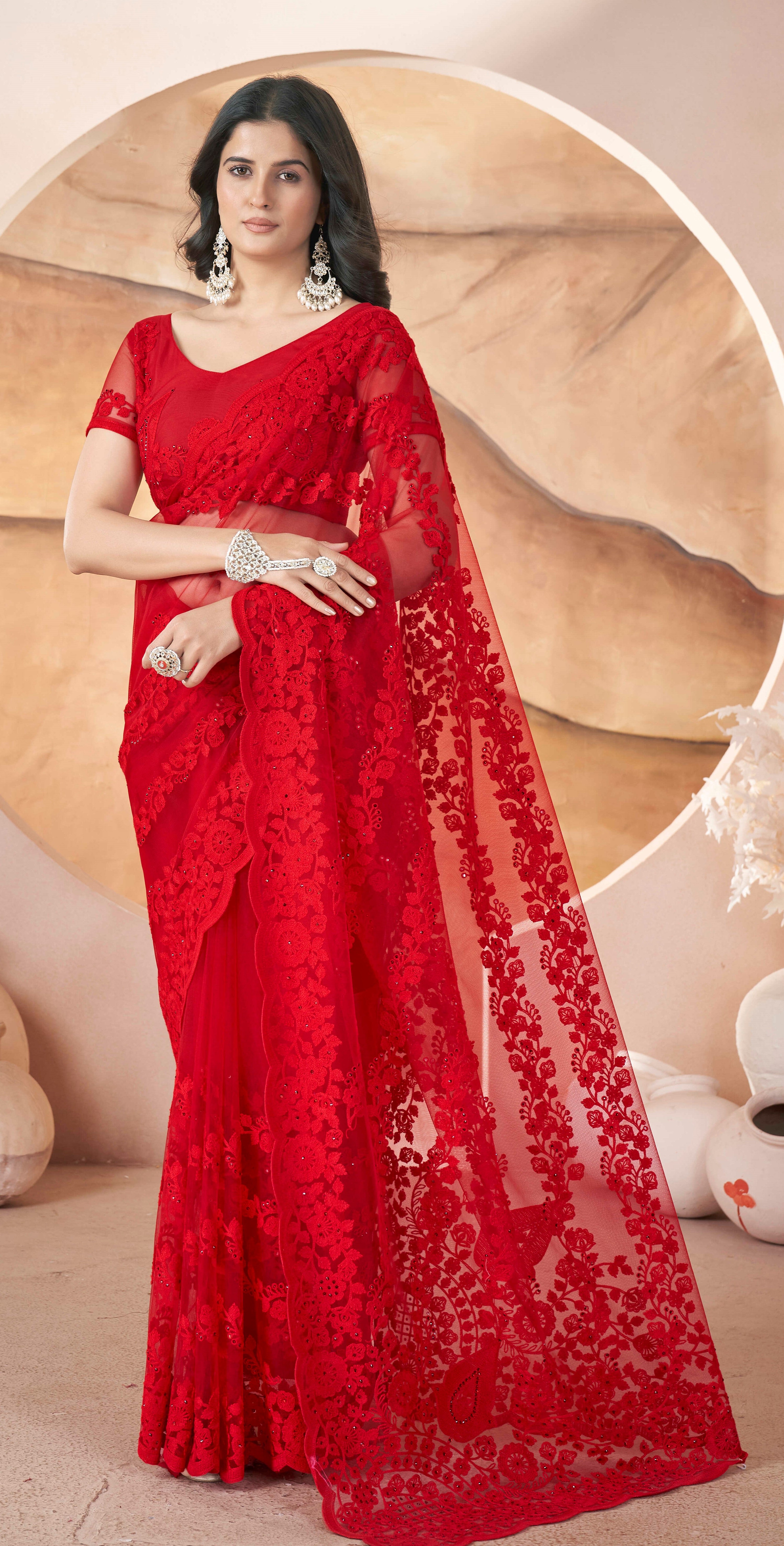 Red Girlie Butterfly Net Tone To Tone Thread Embroidery With Stone Work Saree