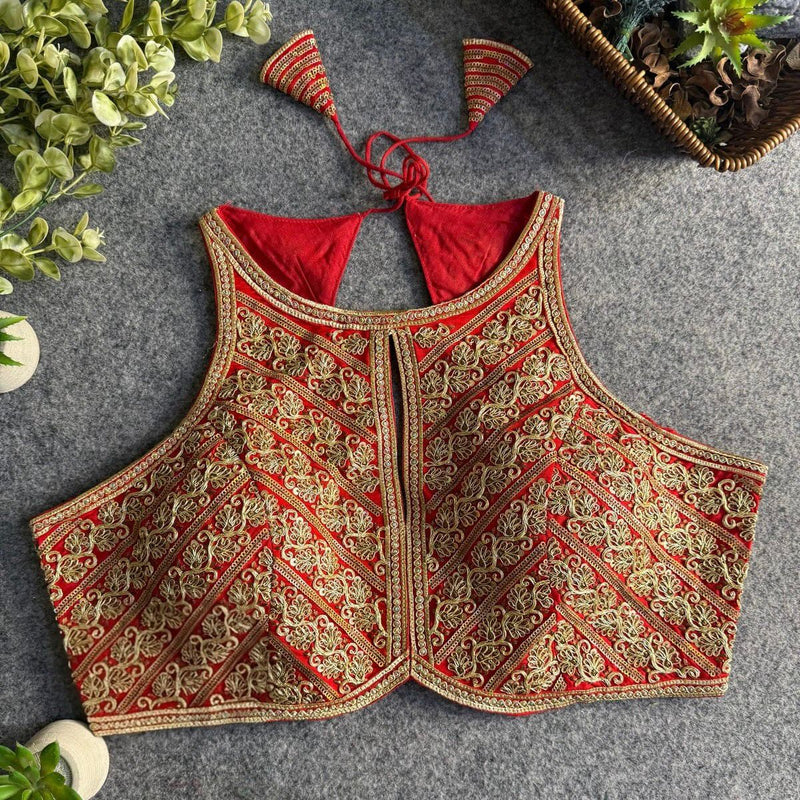 Red Halter Neck Partywear Blouse in Roman Silk with Embroidery & Sequins Work