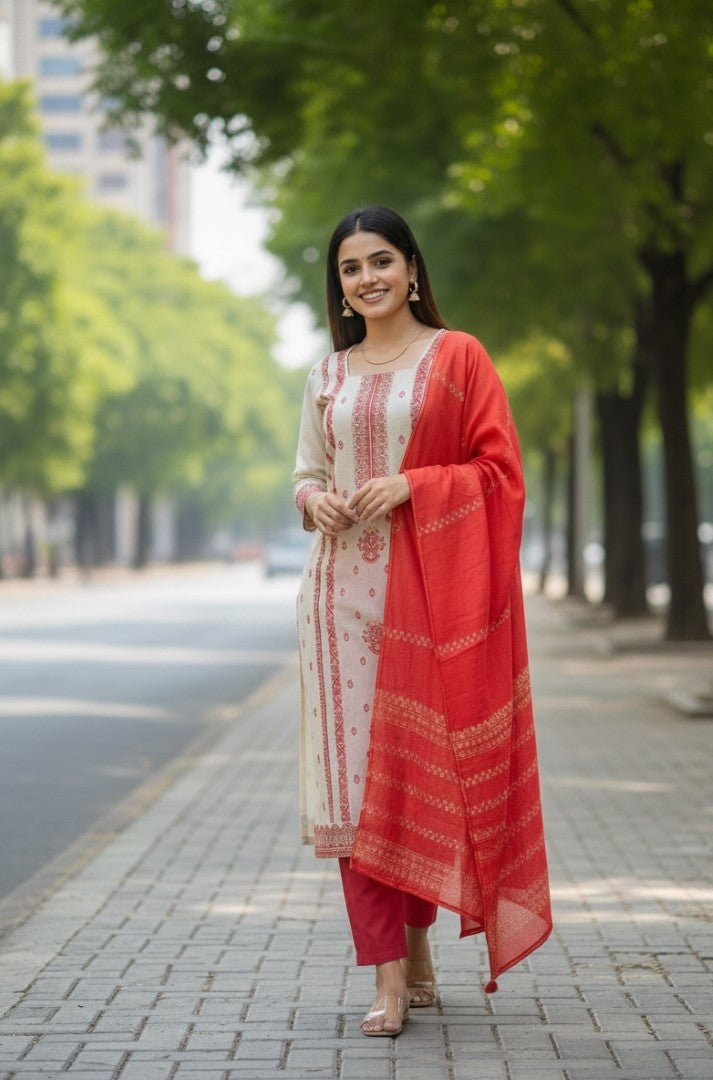 Red Jacquard Silk Designer Suit Set With Regal Woven Patterns