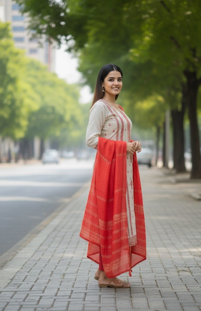 Red Jacquard Silk Designer Suit Set With Regal Woven Patterns