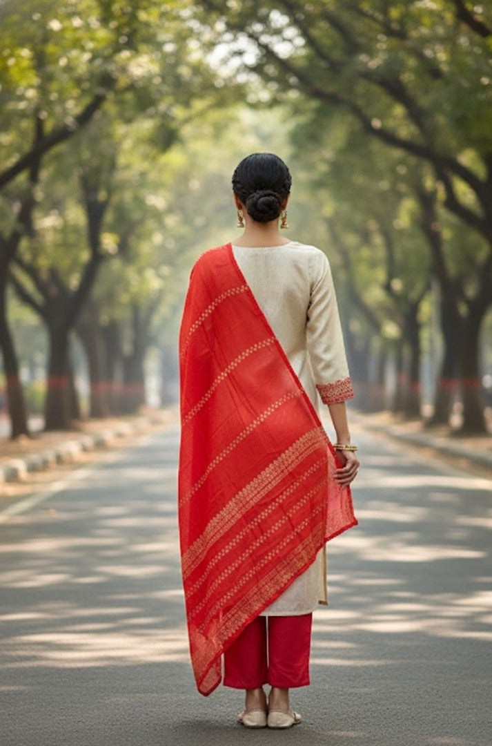 Red Jacquard Silk Designer Suit Set With Regal Woven Patterns