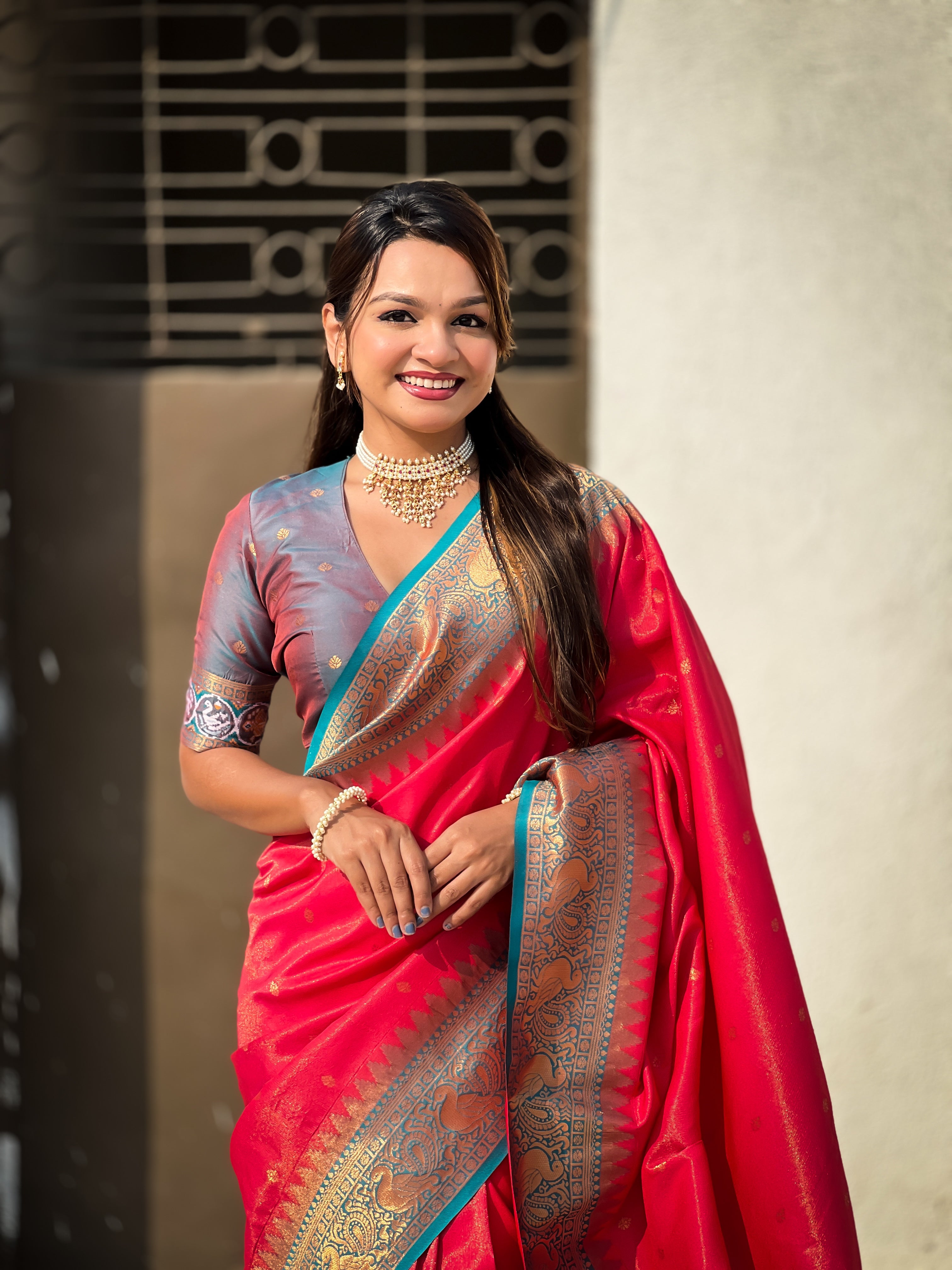 Red Jari Tissue Woven Meenakari Pallu Designer Heavy Ethnic Saree