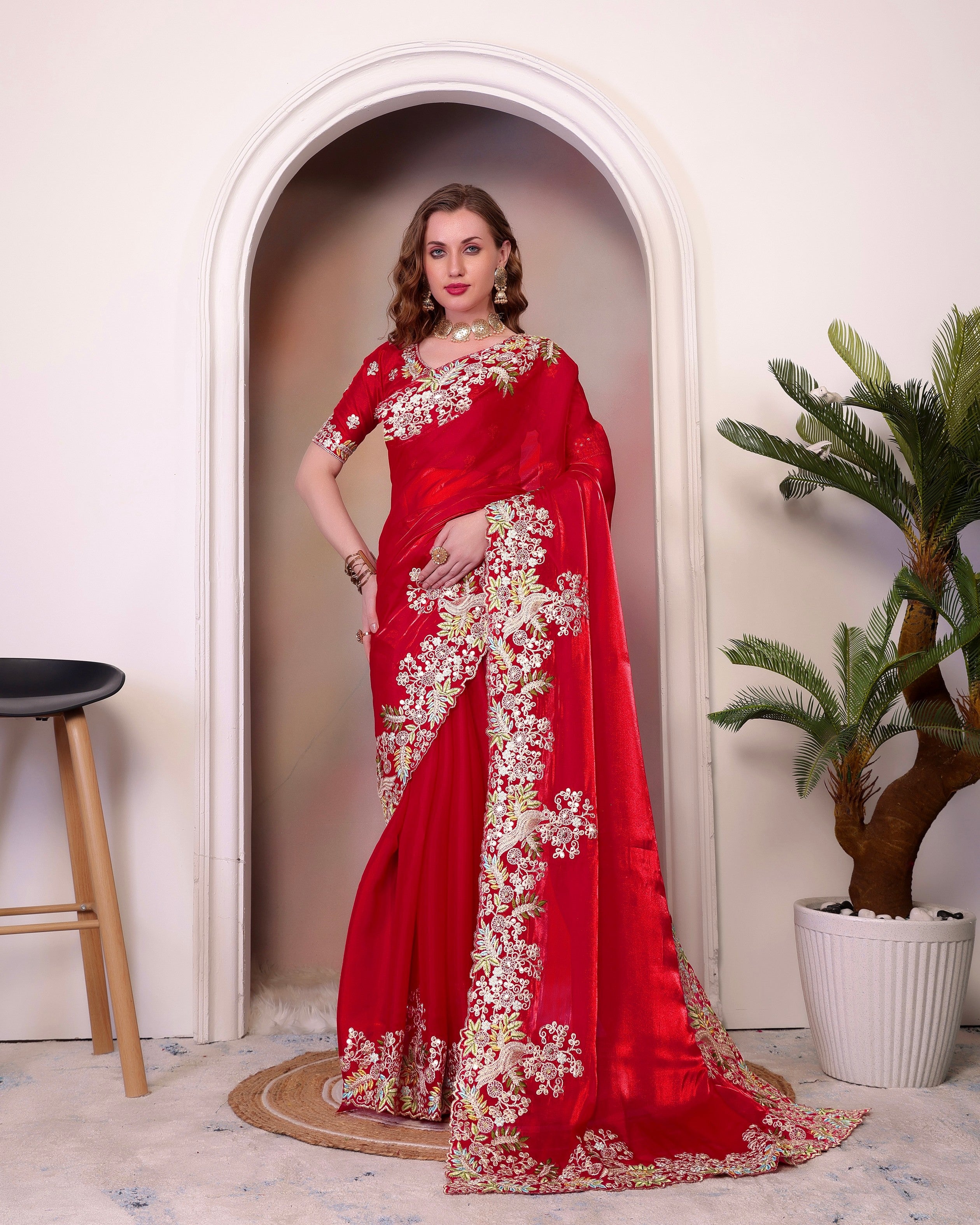 Red Jimmy Choo Heavy Sequins Work Partywear Saree
