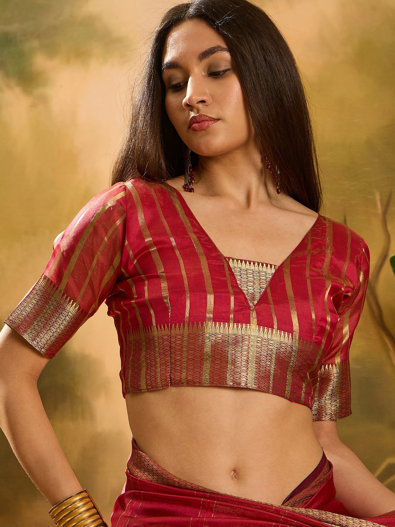 Red Khadi Organza Woven Jacquard Designer Ethnic Partywear Saree