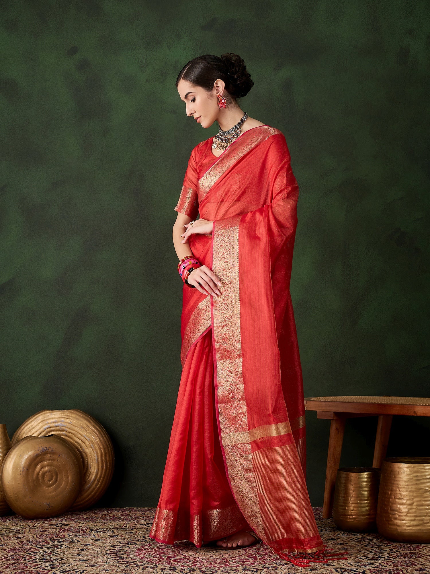 Red Khadi Organza Woven Jacquard Designer Traditional Festive Wear Saree