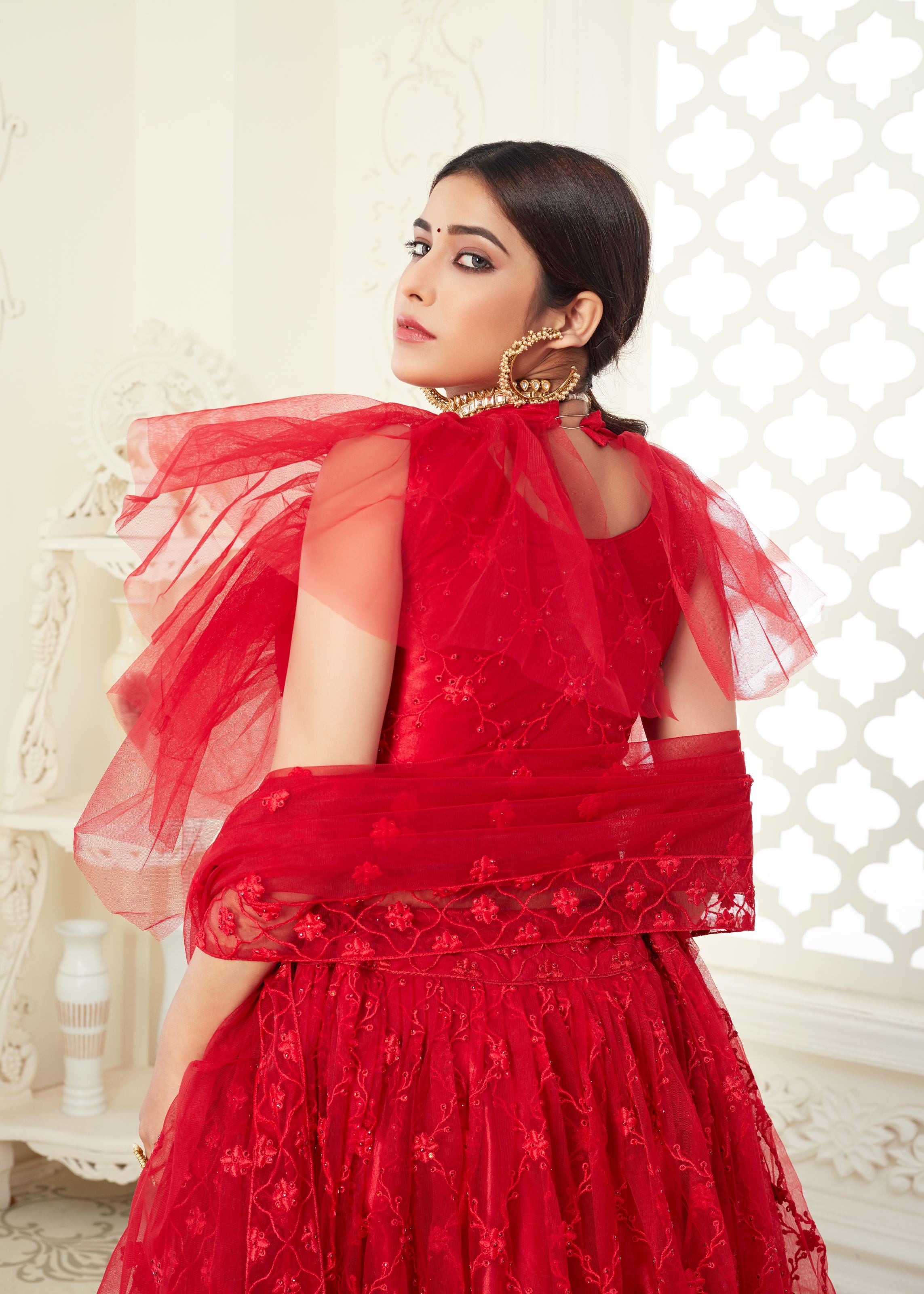 Red Lehenga Choli With Butterfly Net And Full Embroidery Work