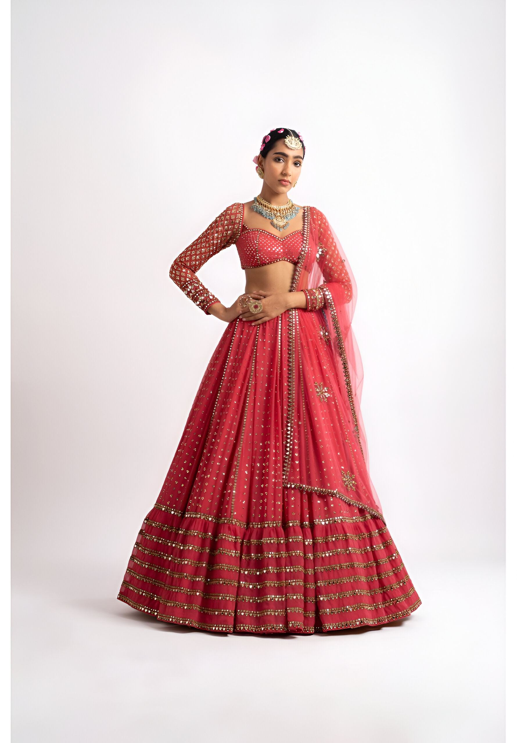 Red Lehenga Choli With Sequence With Thread And Jari Embroidery Work