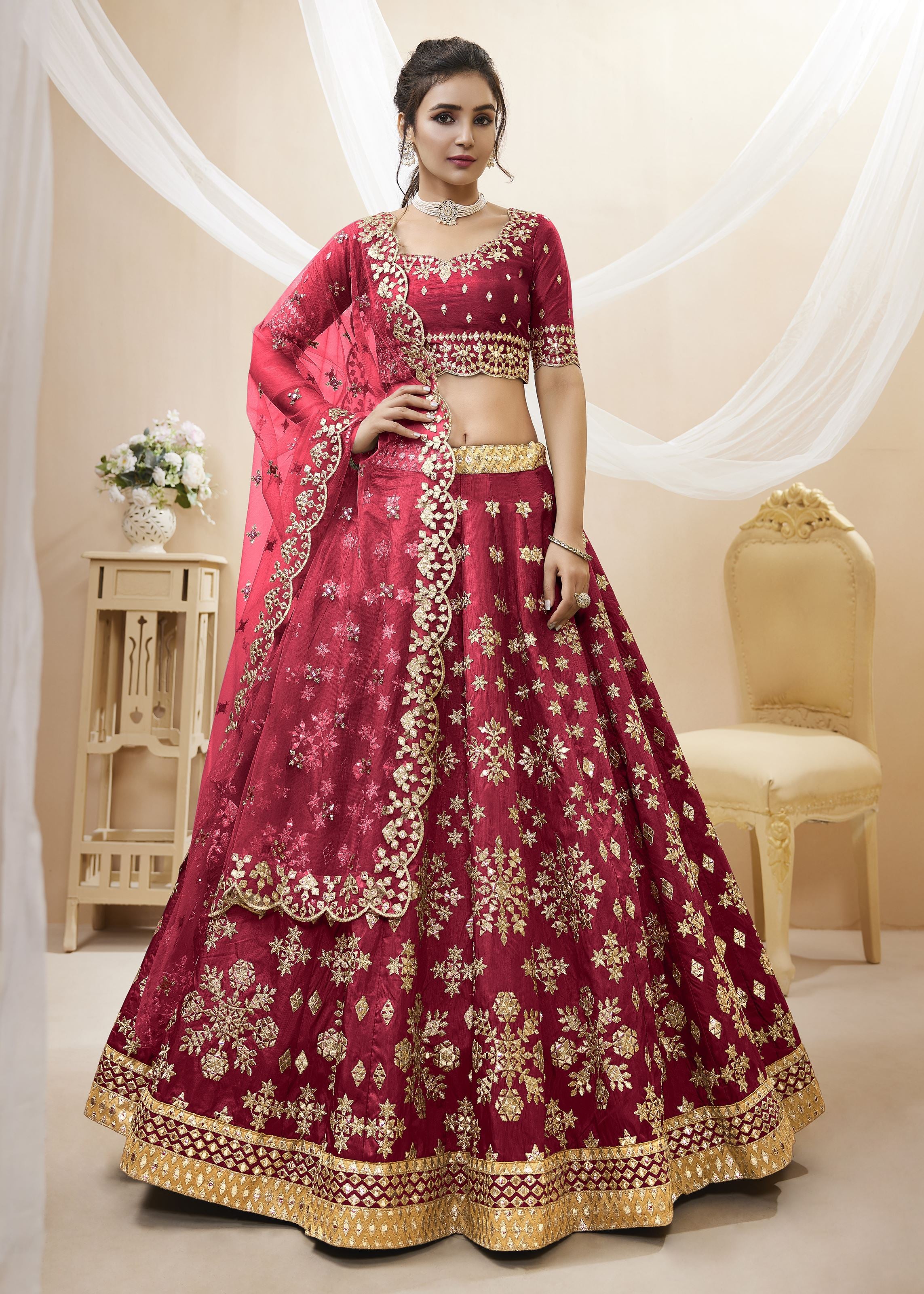 Red Lehenga Choli With Sequins, Foil & Zari Embroidered Work