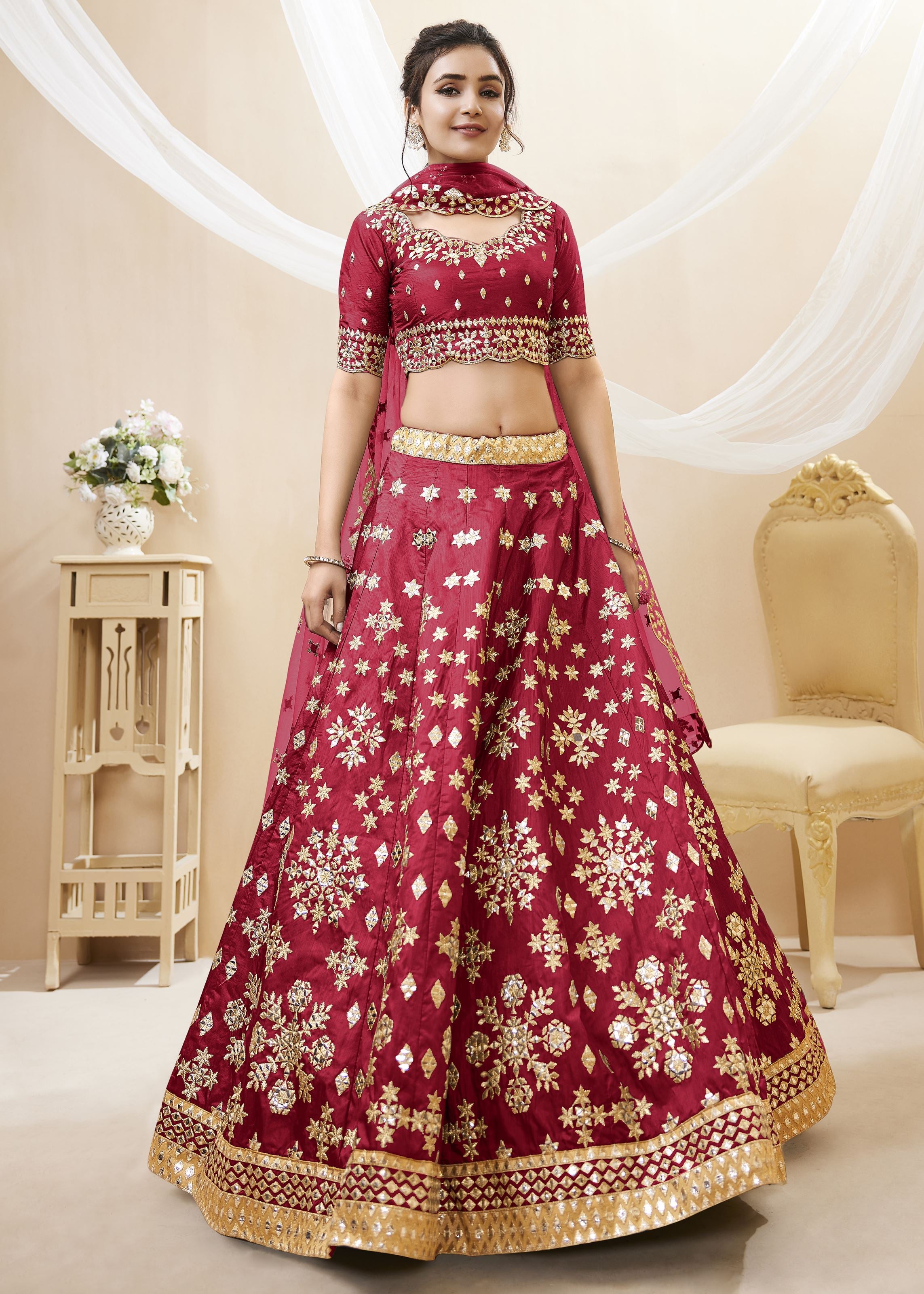 Red Lehenga Choli With Sequins, Foil & Zari Embroidered Work