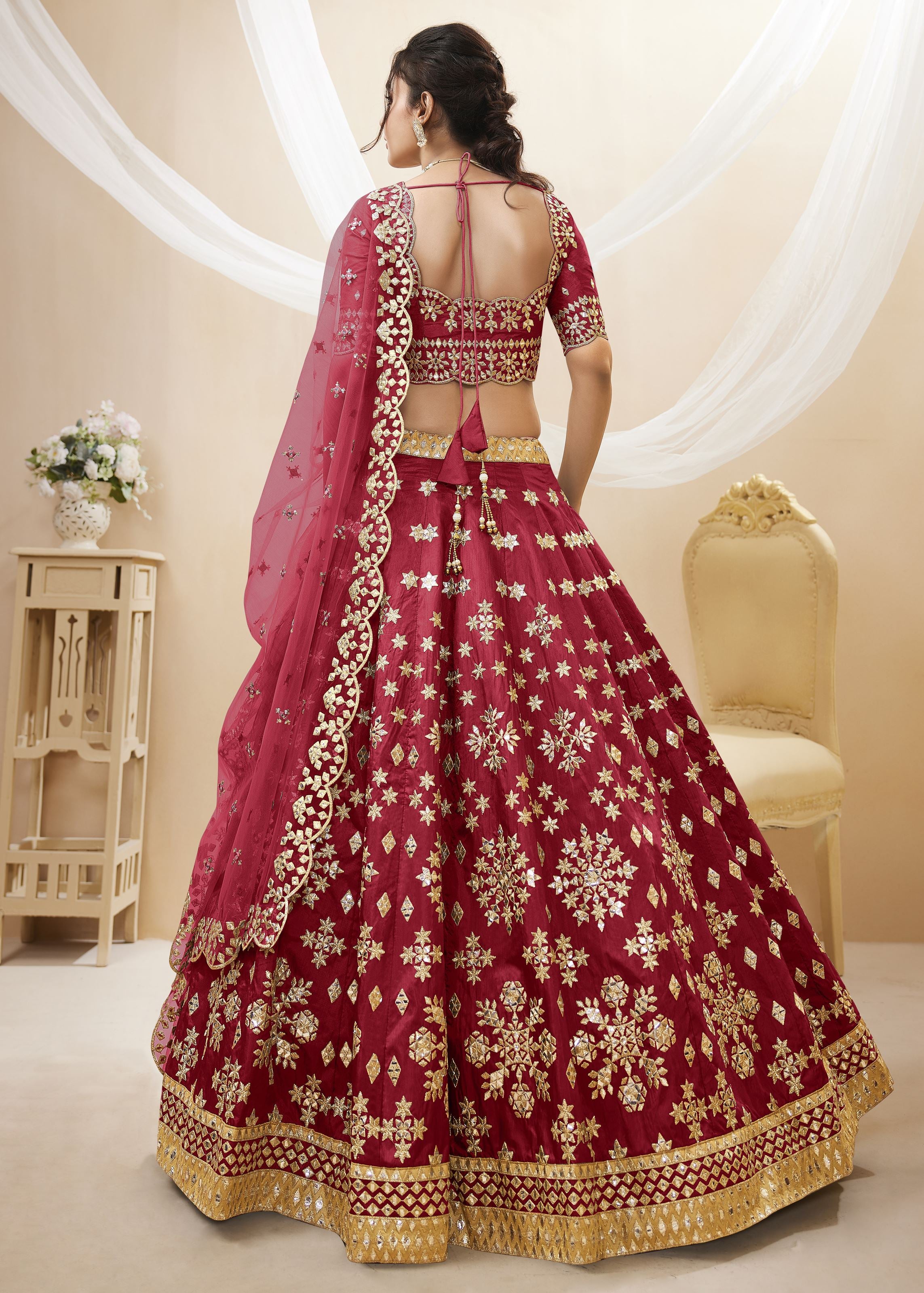 Red Lehenga Choli With Sequins, Foil & Zari Embroidered Work
