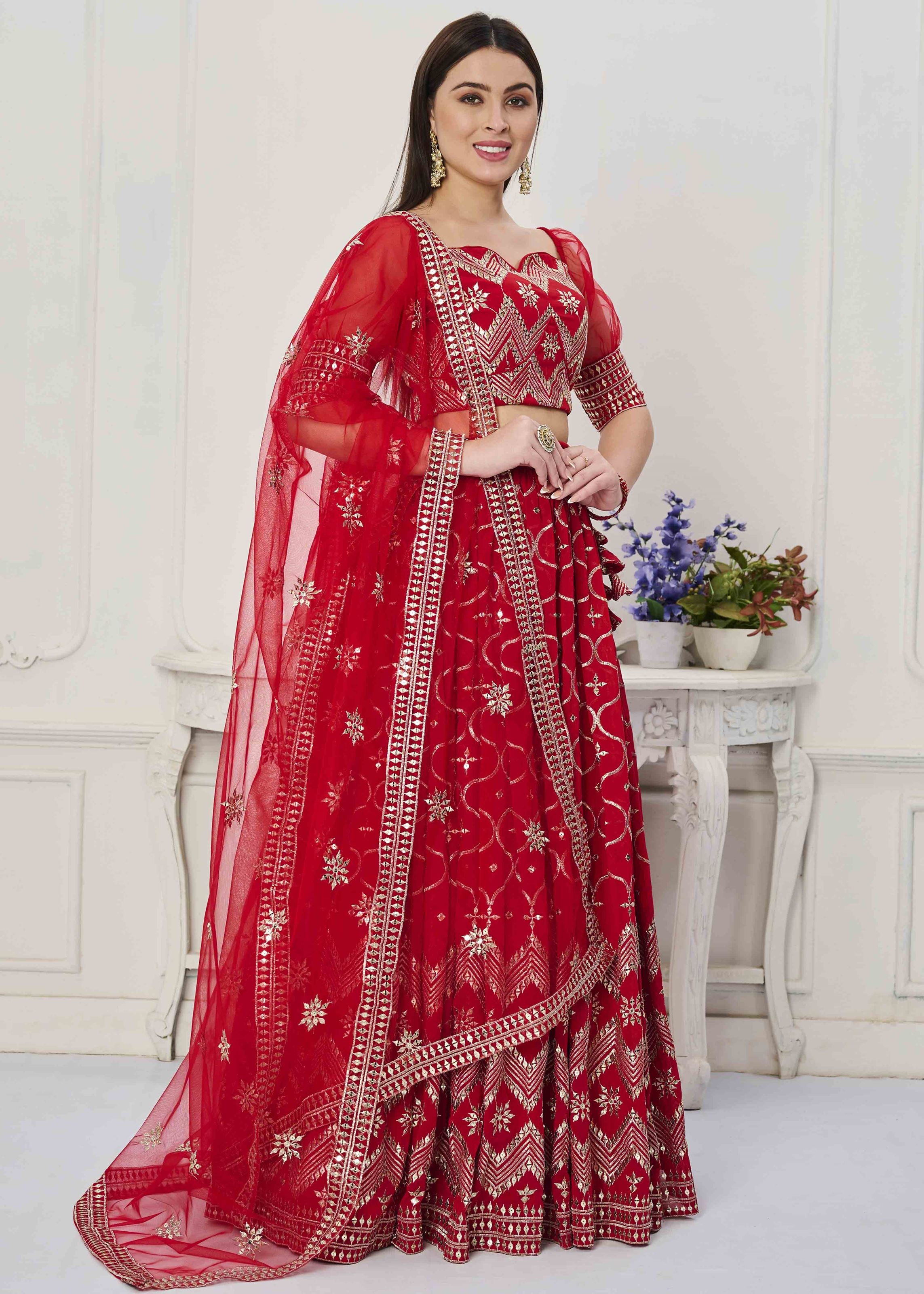 Red Lehenga Choli With Thread Embroidery Sequins Work