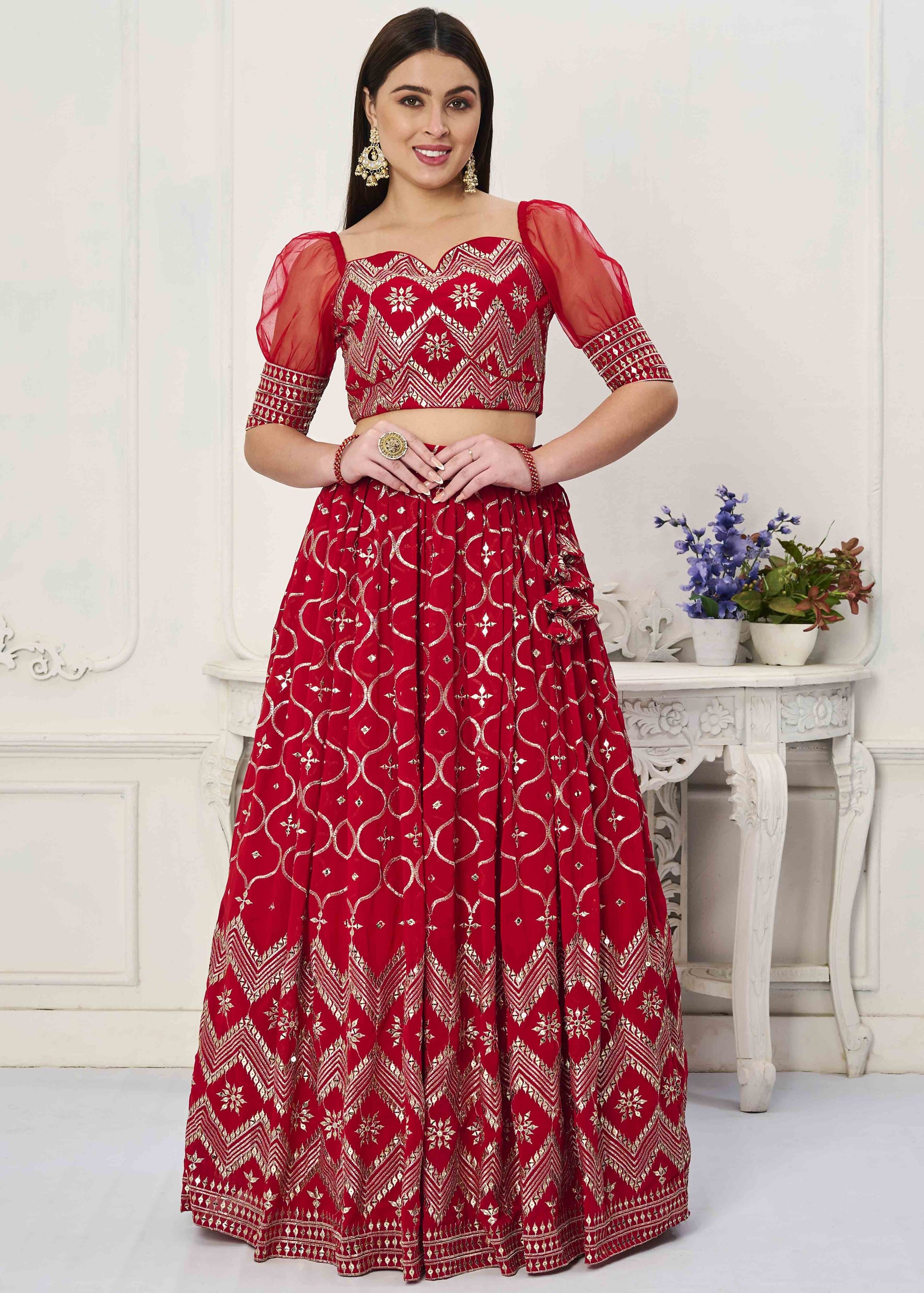 Red Lehenga Choli With Thread Embroidery Sequins Work