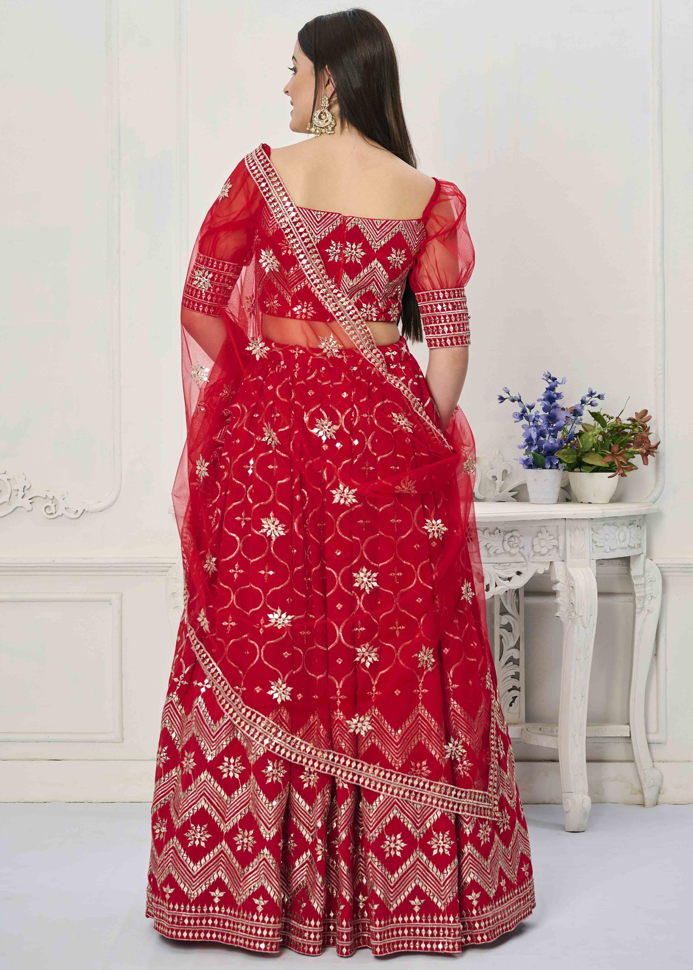 Red Lehenga Choli With Thread Embroidery Sequins Work