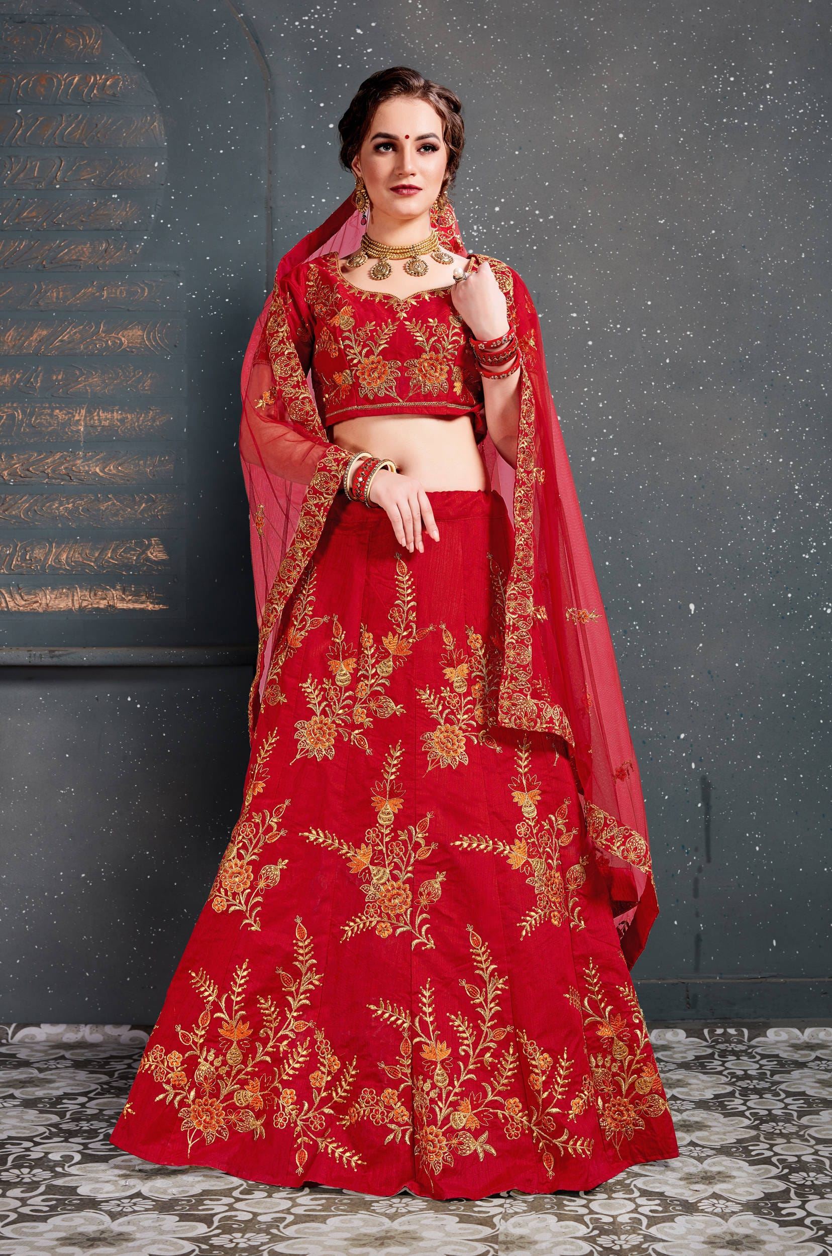 Red Lehenga Choli With Thread, Dori, Zari Embroidery With Diamond Work