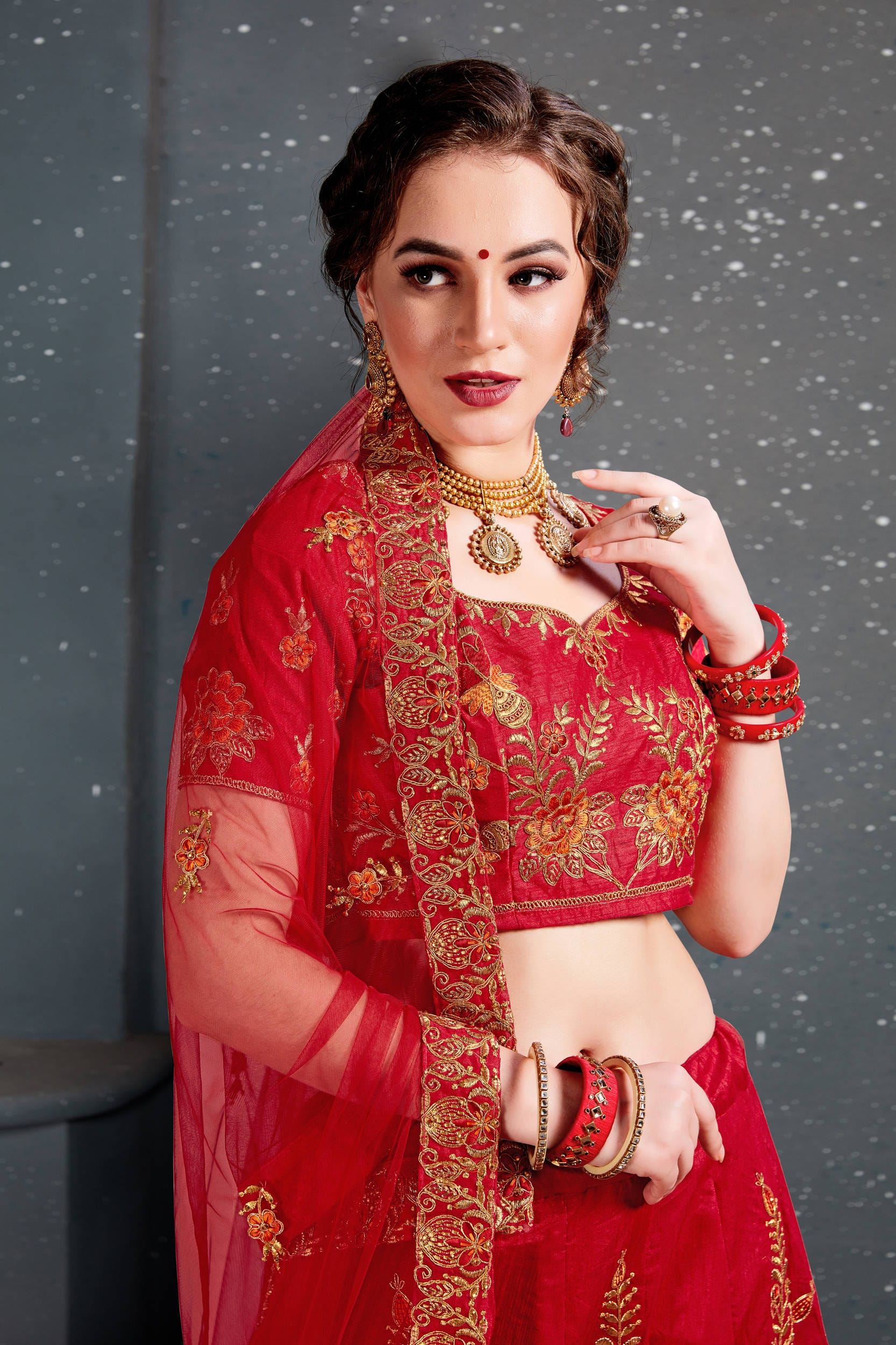 Red Lehenga Choli With Thread, Dori, Zari Embroidery With Diamond Work