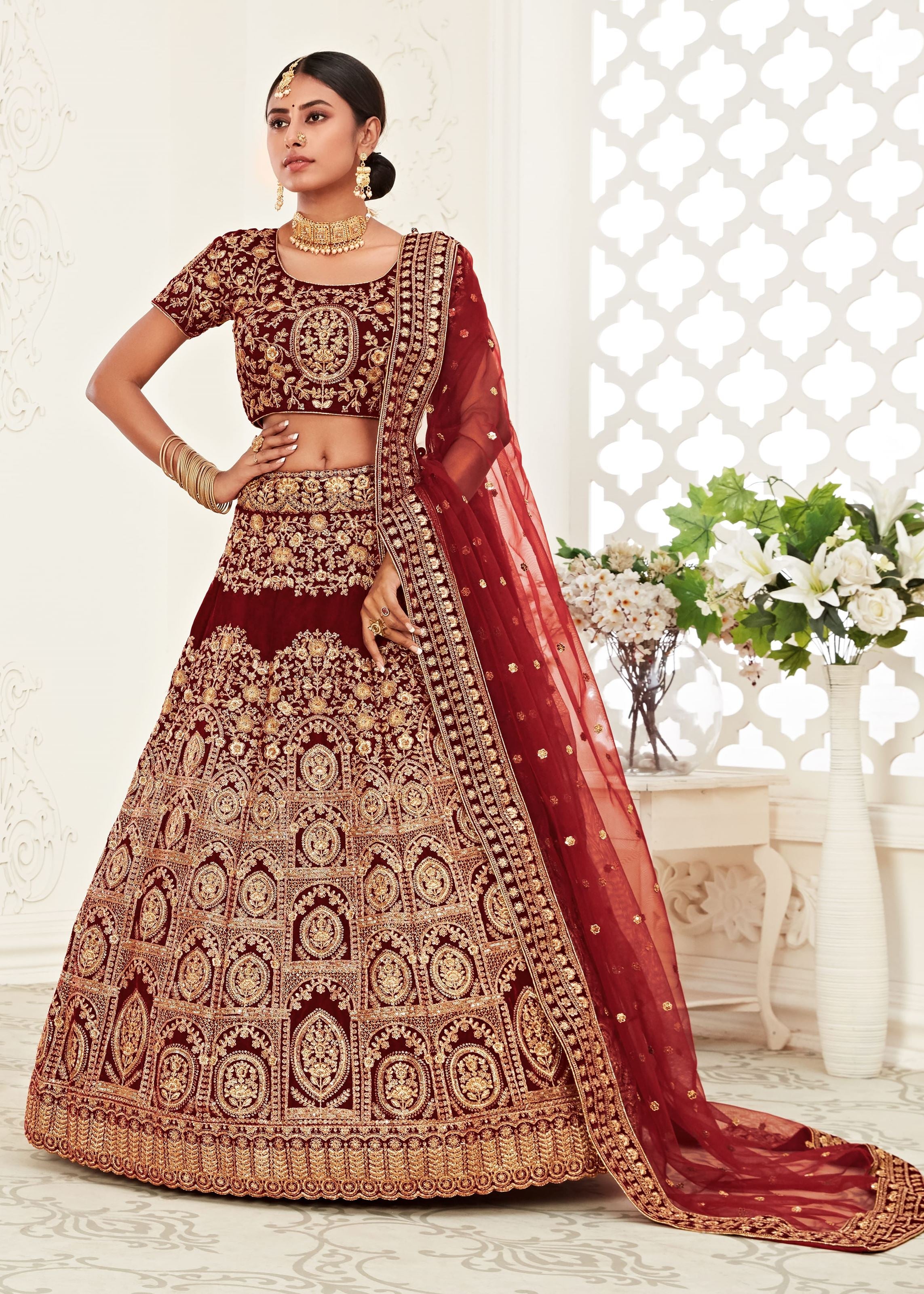 Red Lehenga Choli With Thread, Zari, Dori And Sequins Embroidery Work