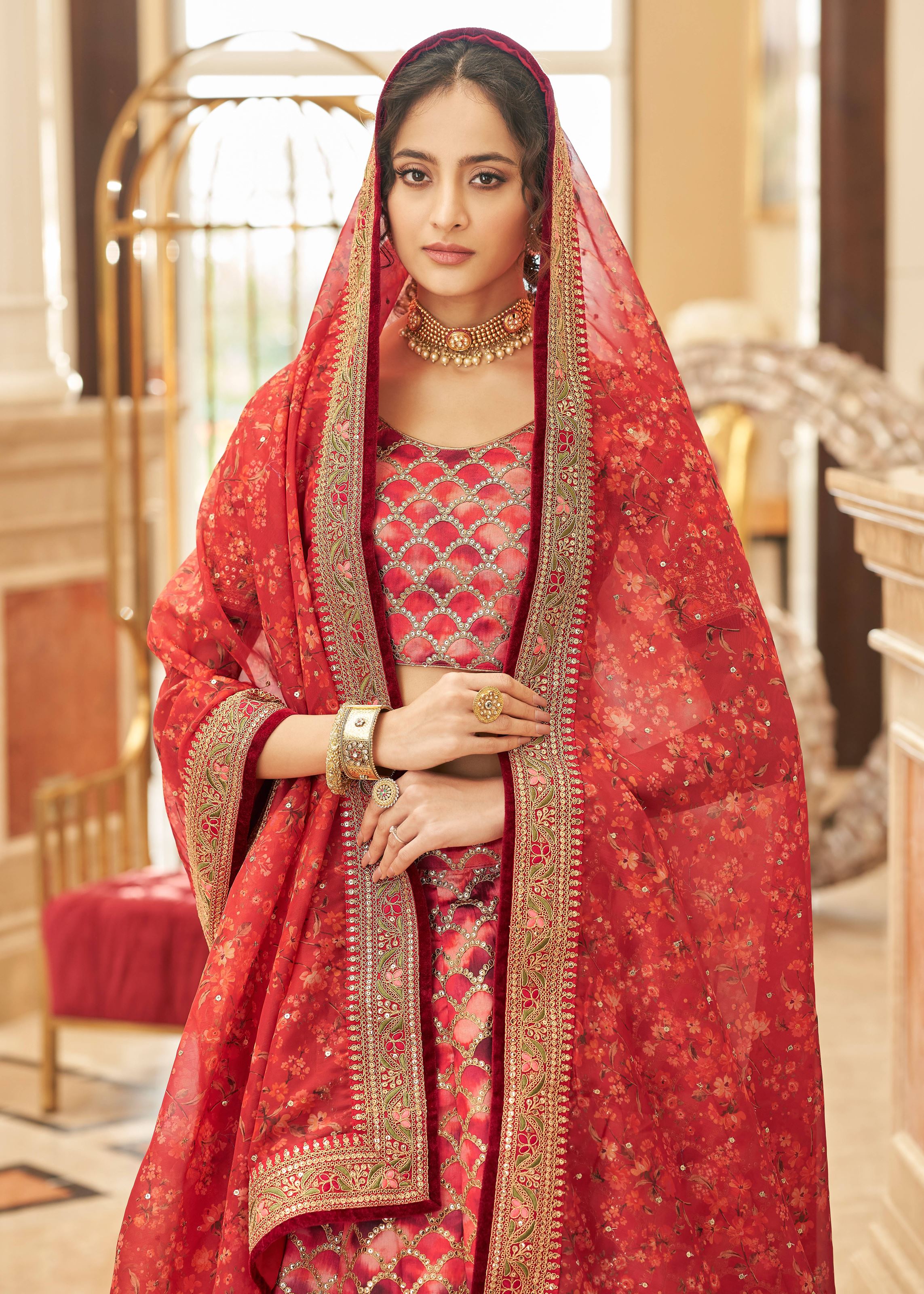Red Lehenga Choli With Thread, Zari, Dori And Sequins Embroidery Work