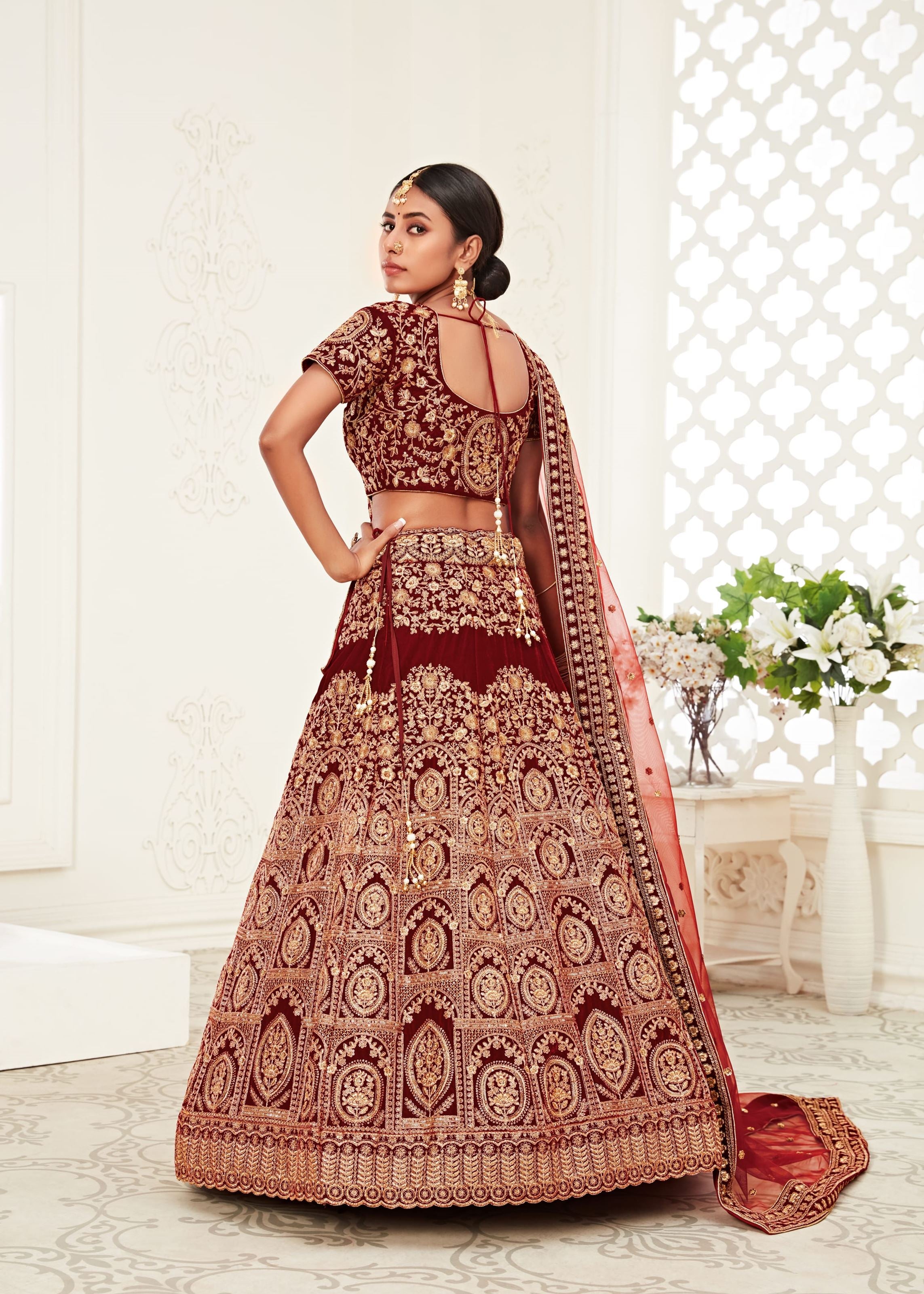 Red Lehenga Choli With Thread, Zari, Dori And Sequins Embroidery Work