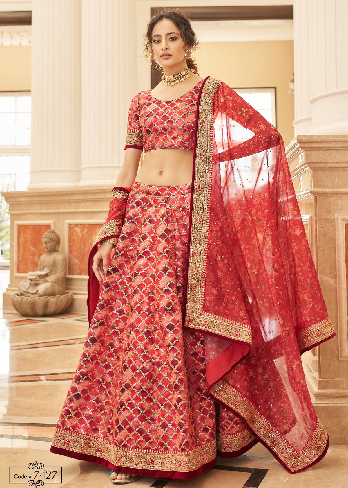 Red Lehenga Choli With Thread, Zari, Dori And Sequins Embroidery Work