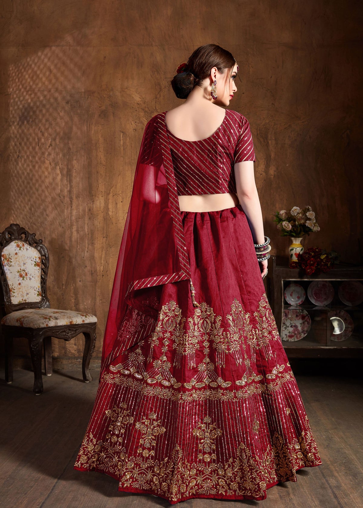 Red Lehenga Choli With Zari, Sequins Embroidery And Diamond Work